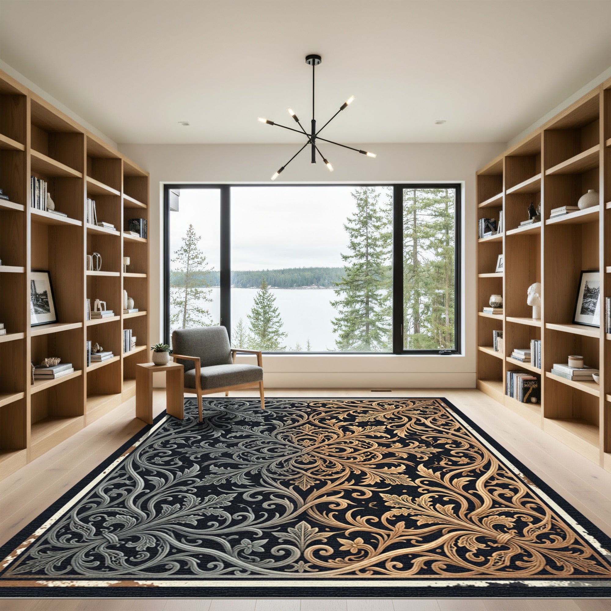 Elegant Silver and Gold Filigree Medallion Rug