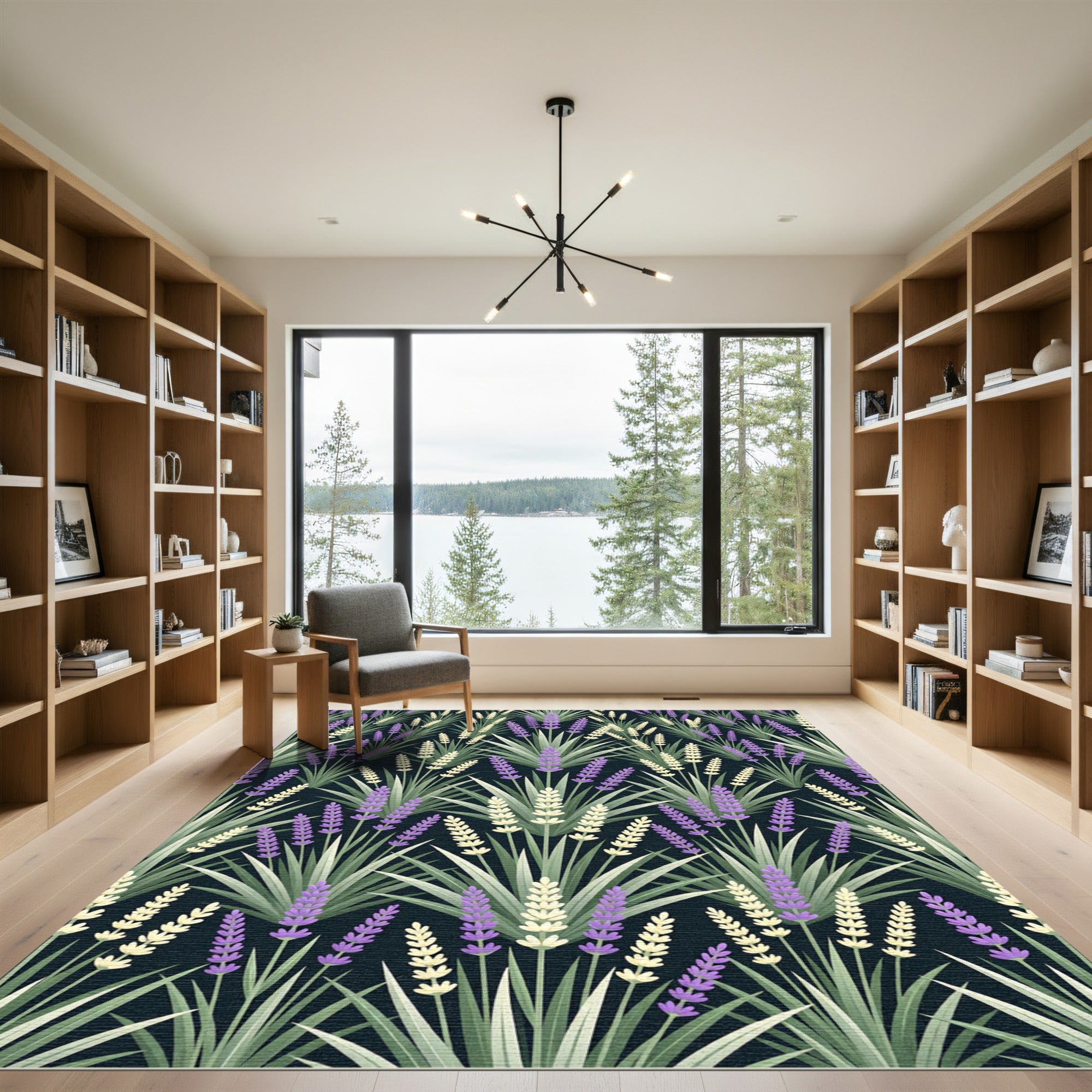 Botanical Lavender Sprigs on Charcoal Rug