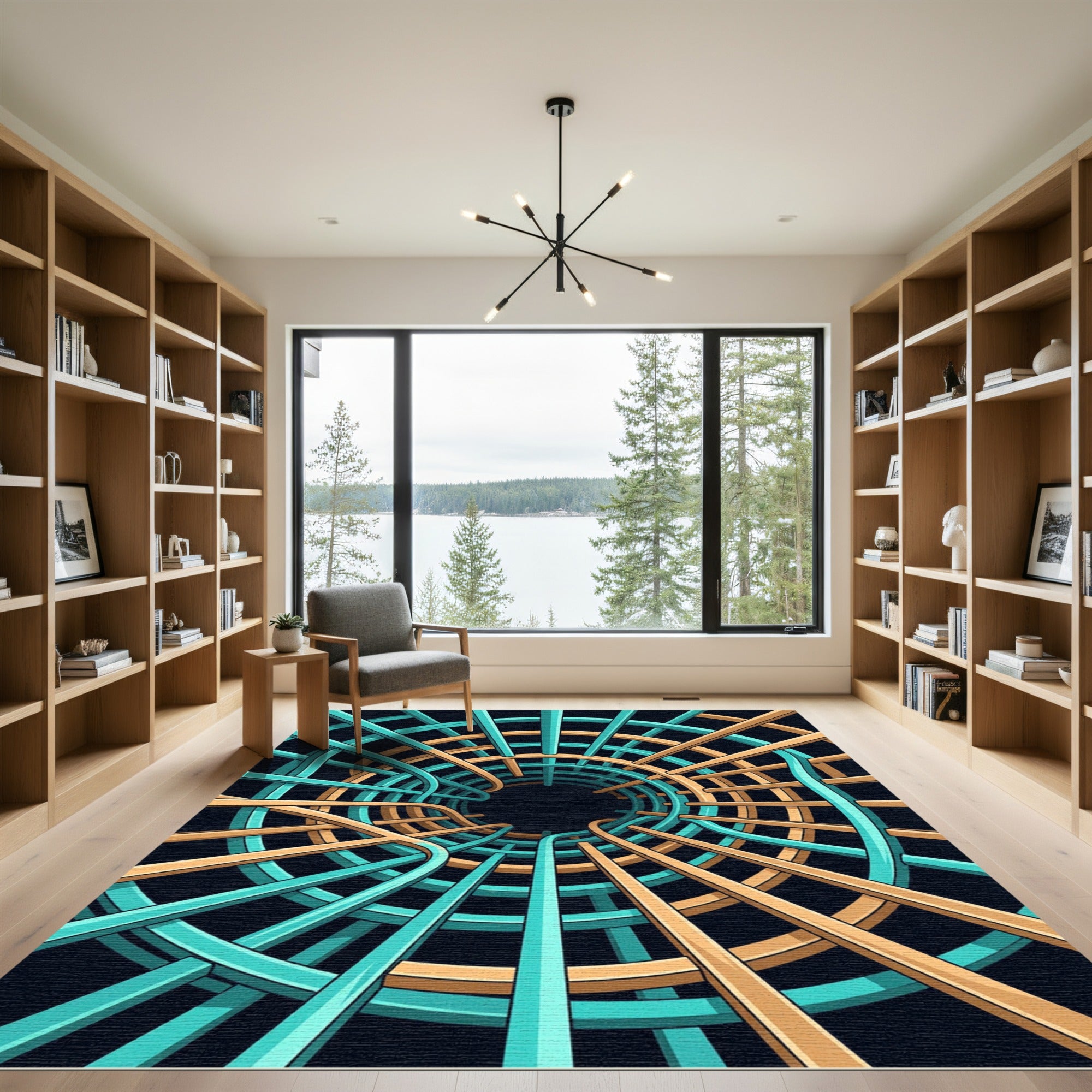 Teal and Gold Abstract Radial Tunnel Rug