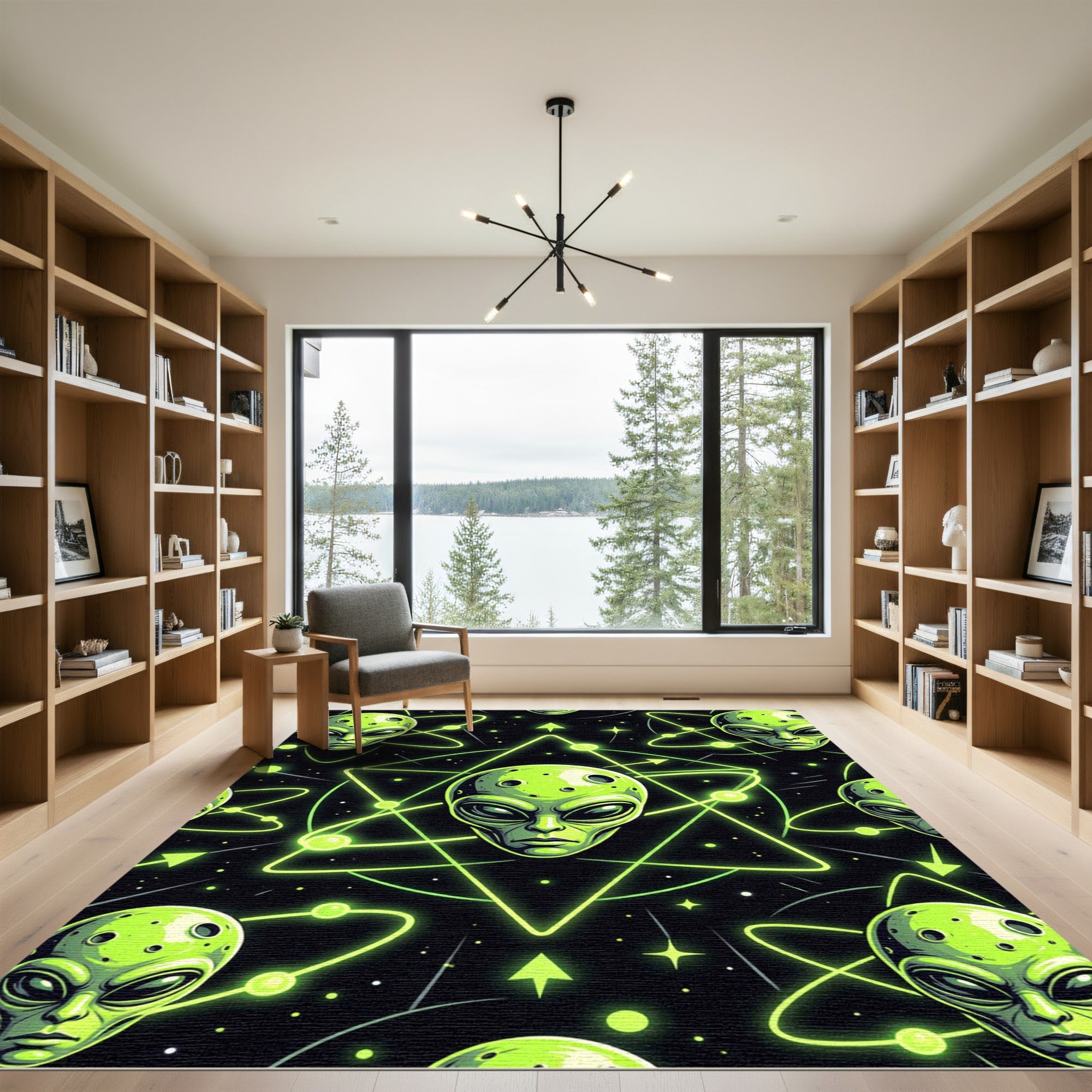 Neon Green Celestial Alien Geometry Rug