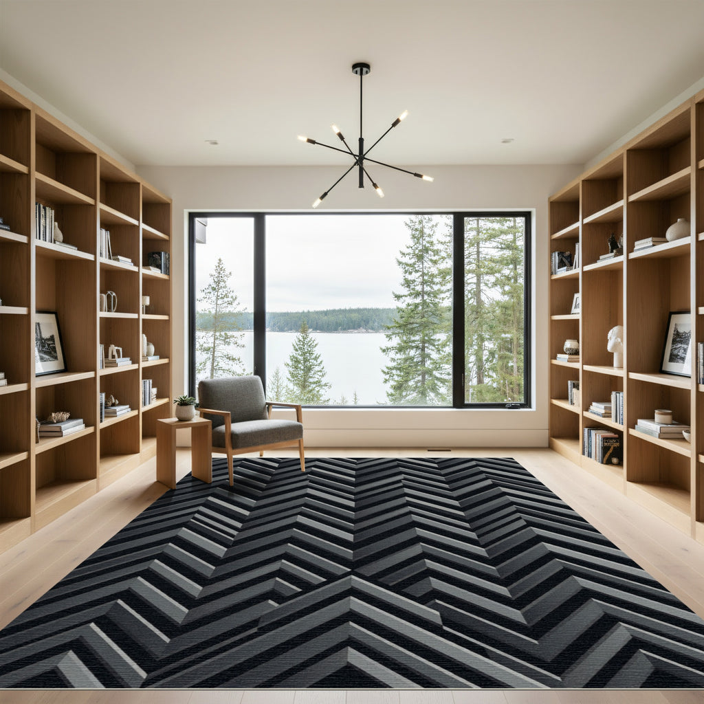 Monochrome Geometric Chevron Illusion Rug