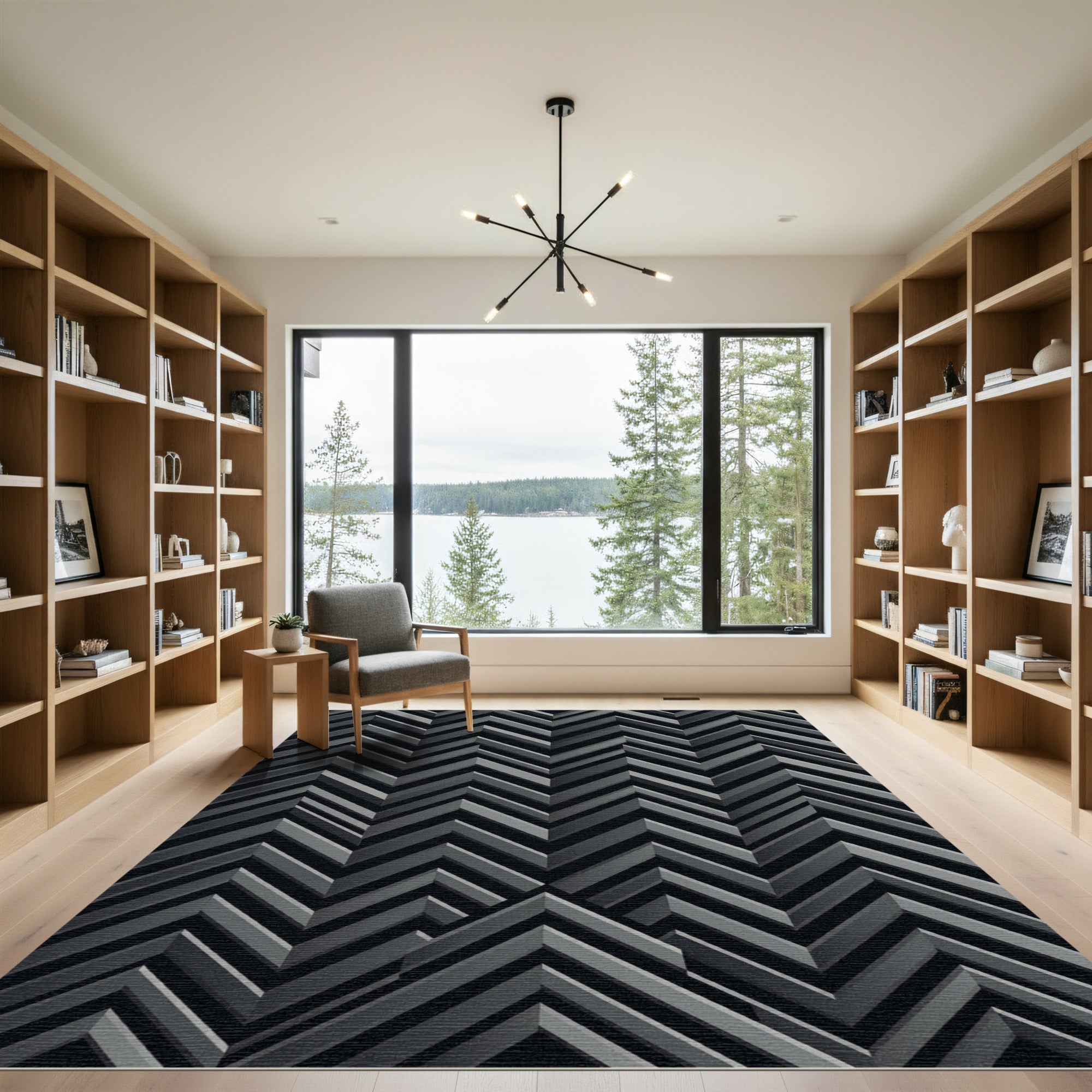Monochrome Geometric Chevron Illusion Rug