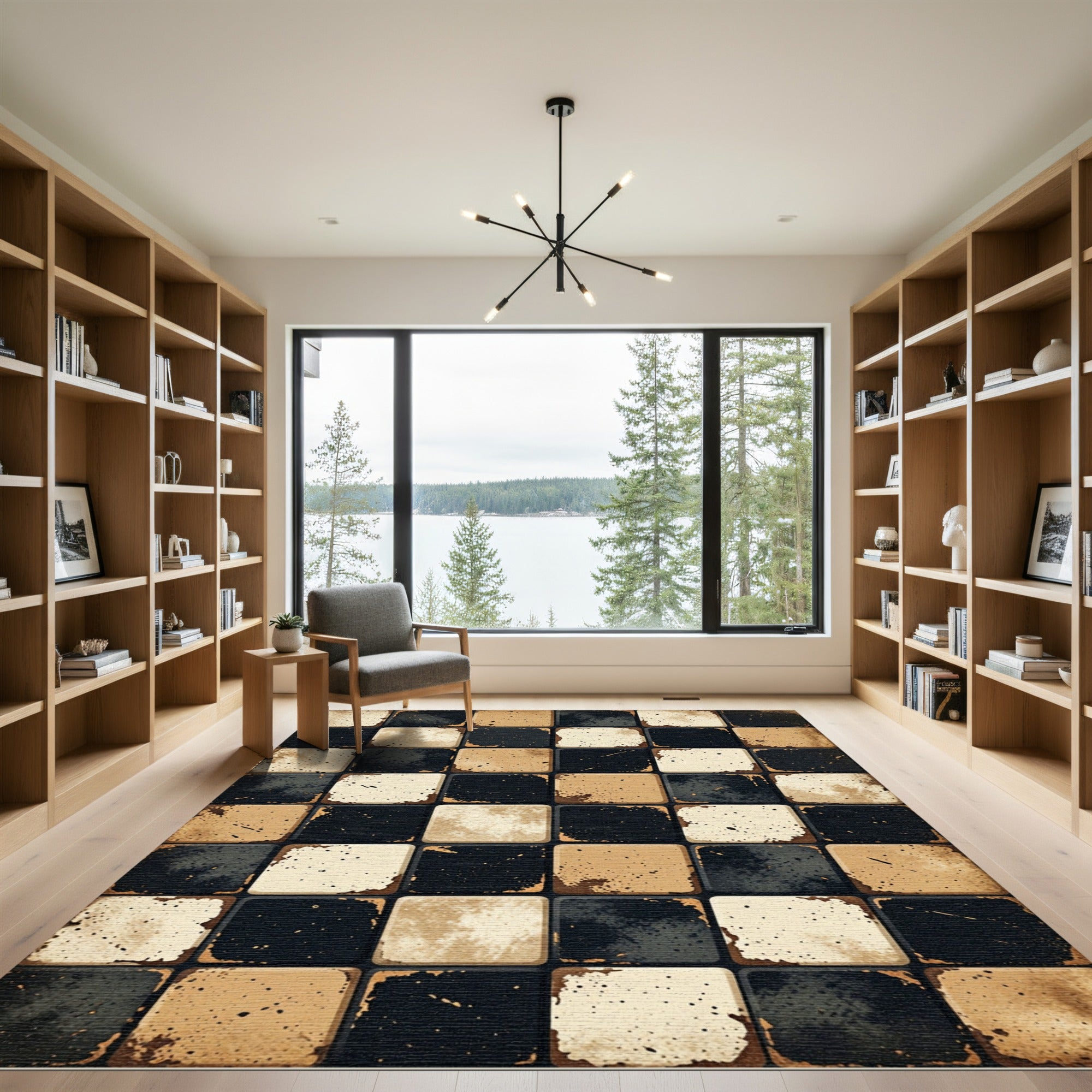 Distressed Black Tan Ceramic Tile Squares Rug