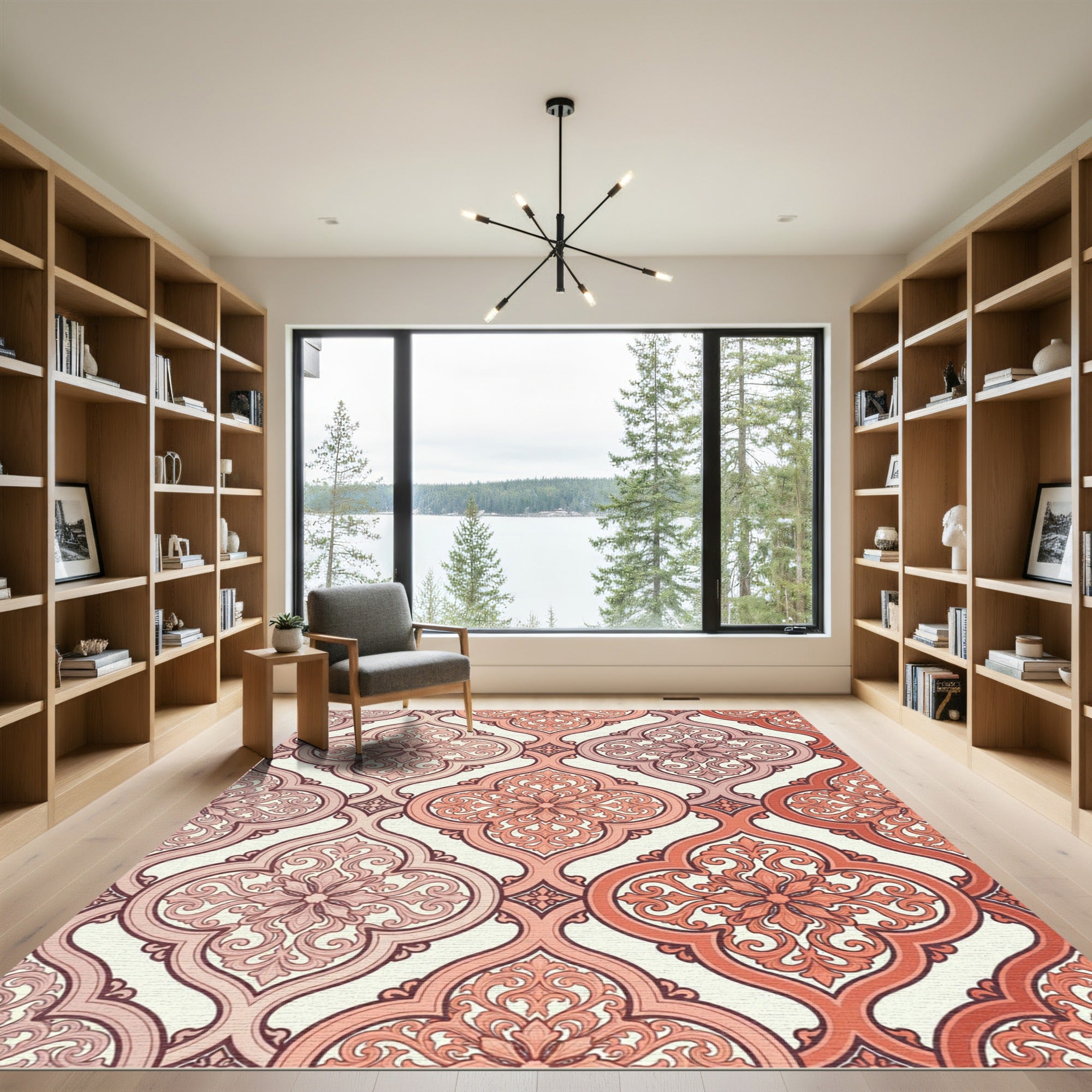 Coral Pink Quatrefoil Floral Scroll Rug