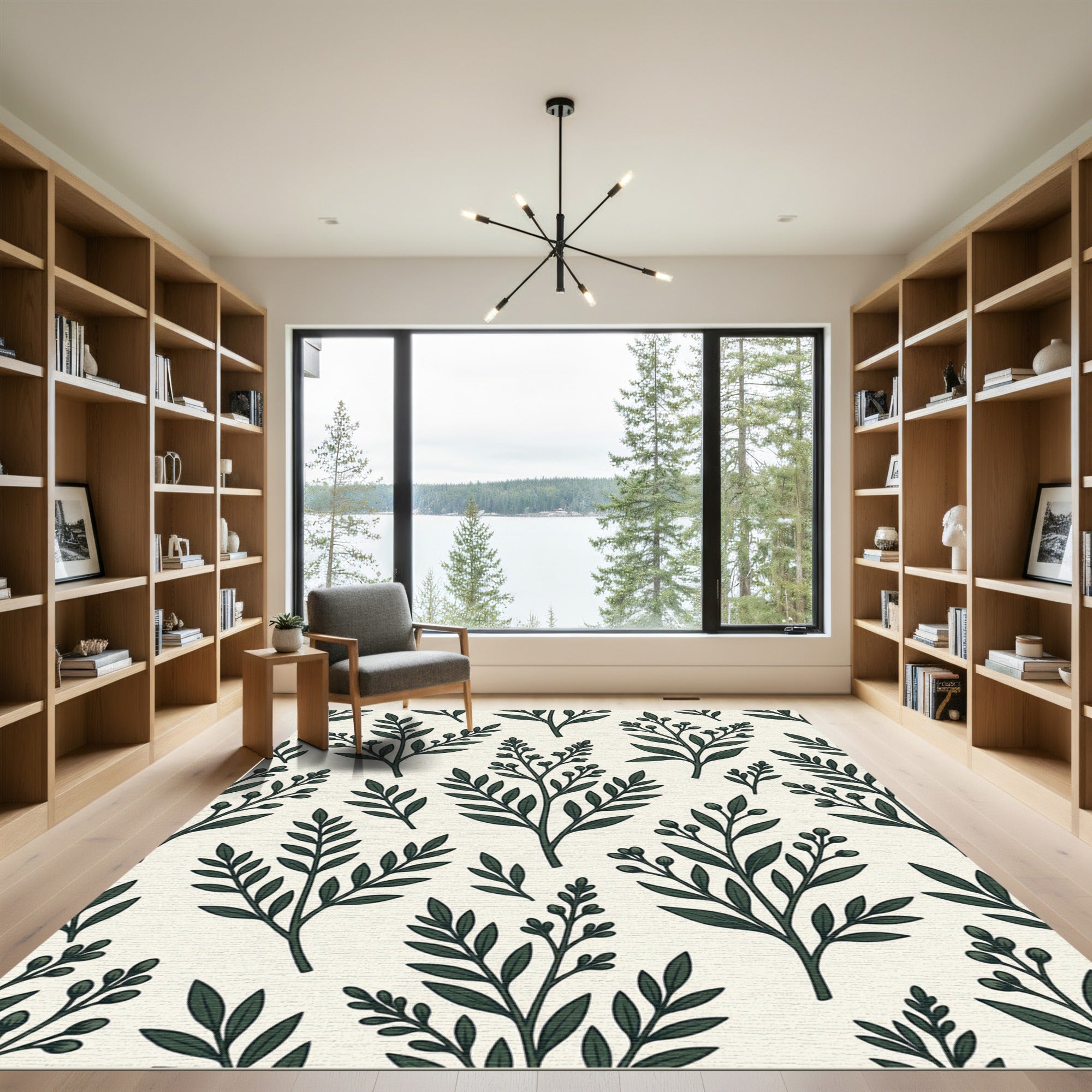 Dark Green Botanical Branch Arrangement Rug