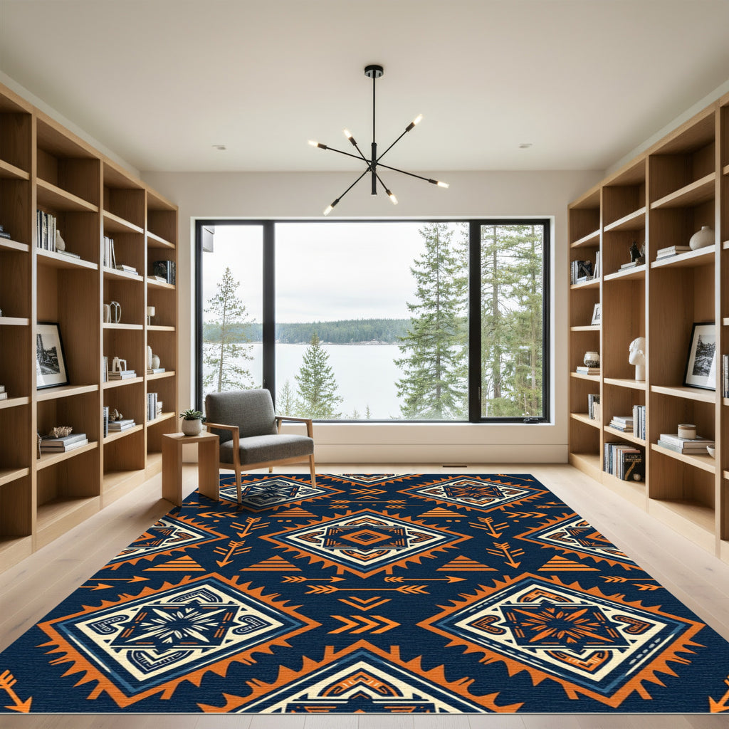 Navy Orange Geometric Boho Diamond Rug