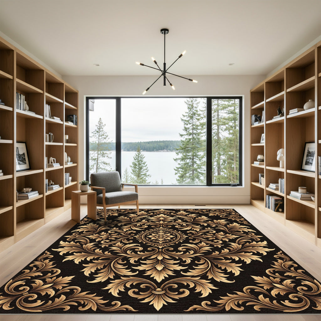 Golden Baroque Floral Swirl Rug