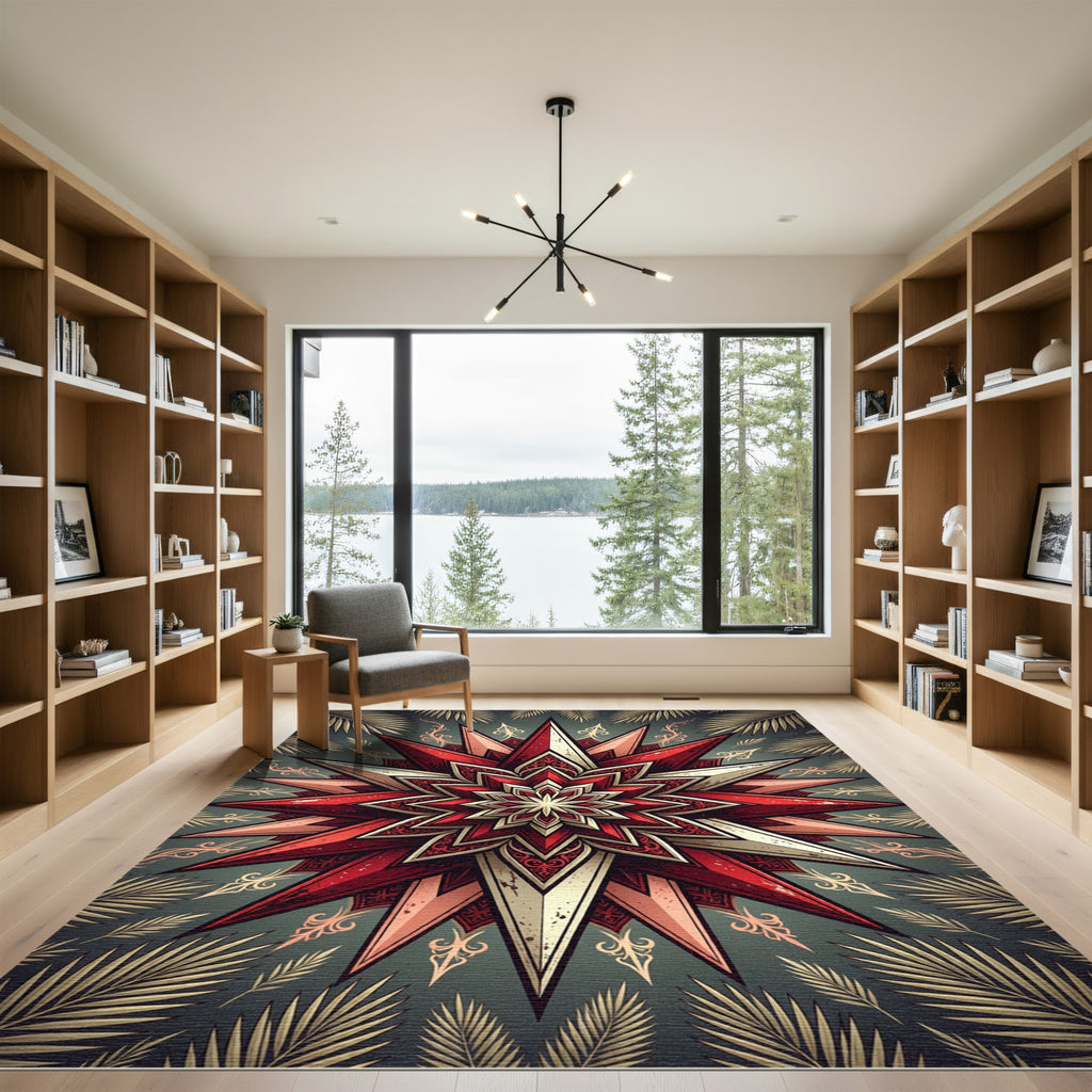 Crimson and Gold Starburst Mandala Rug