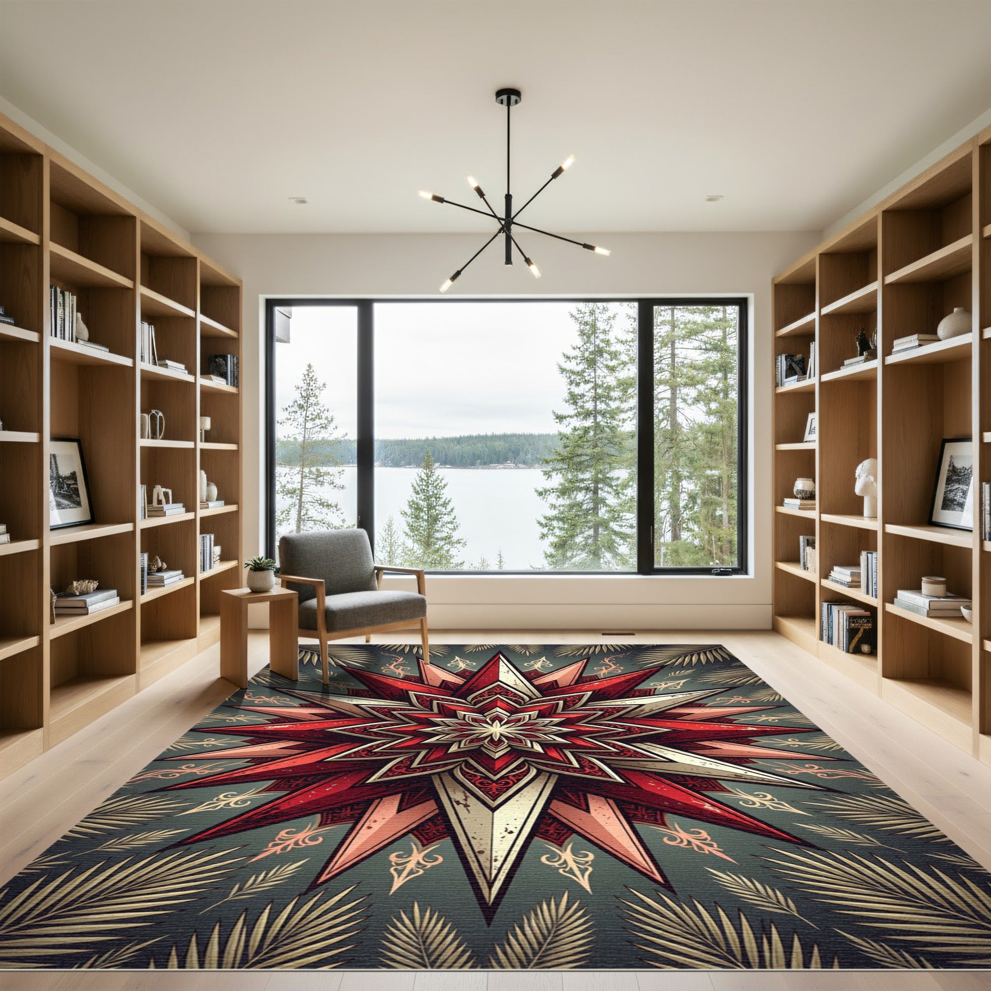 Crimson and Gold Starburst Mandala Rug