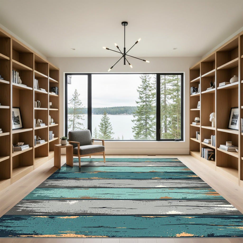 Distressed Wood Grain Teal Gray Rug