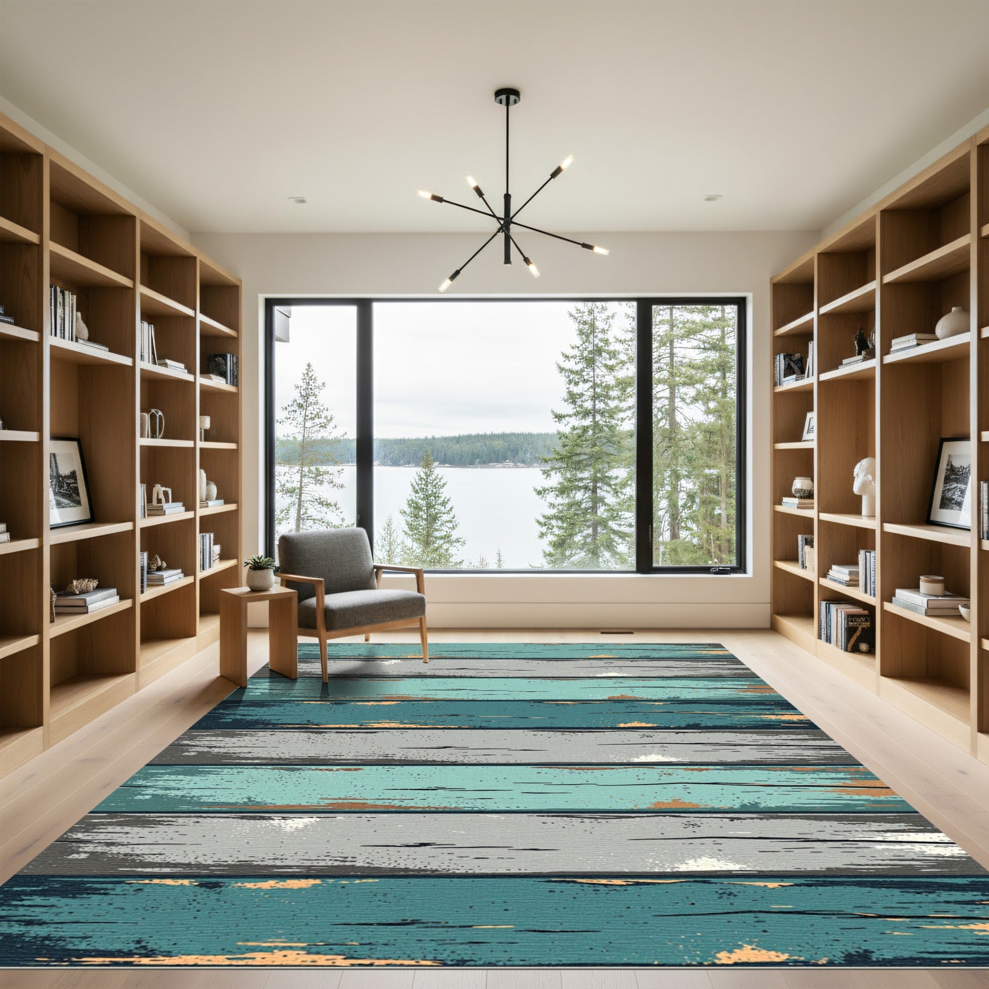 Distressed Wood Grain Teal Gray Rug
