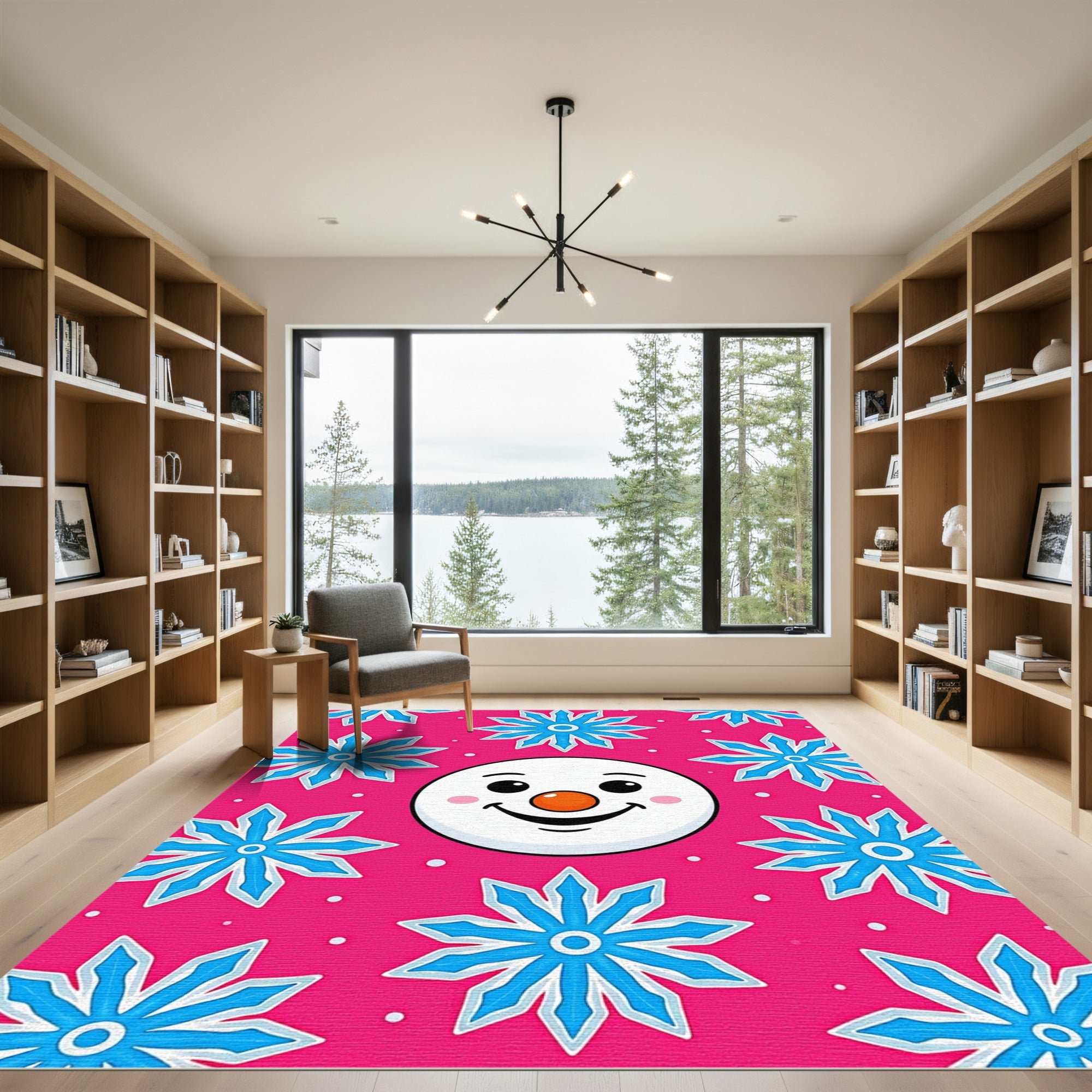 Pink Snowman Snowflake Festive Rug
