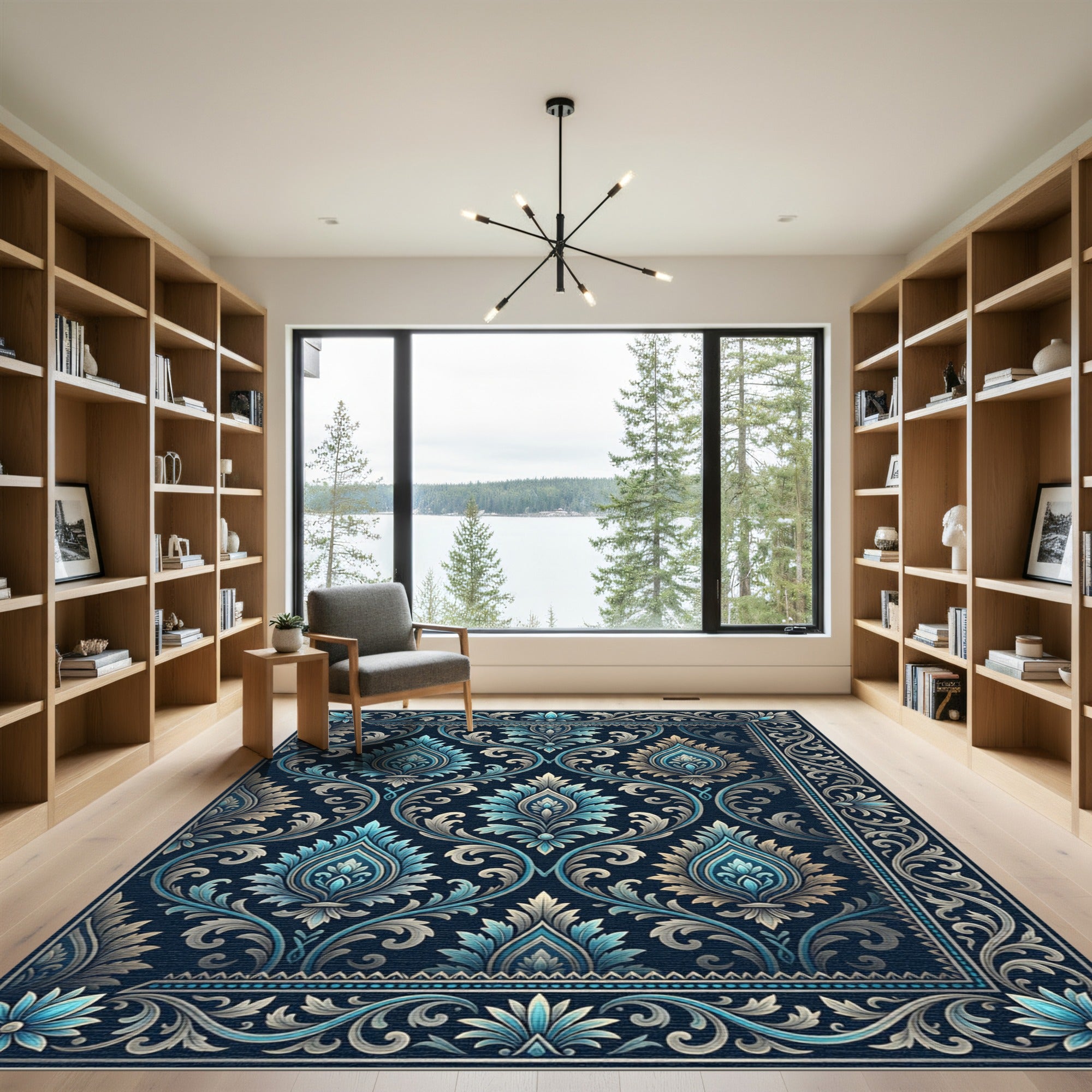 Deep Blue Vintage Floral Scroll Rug