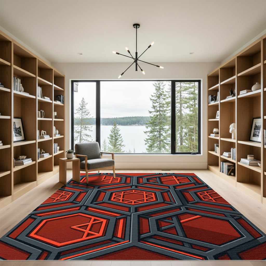 Crimson Hexagonal Geometric Structure Rug