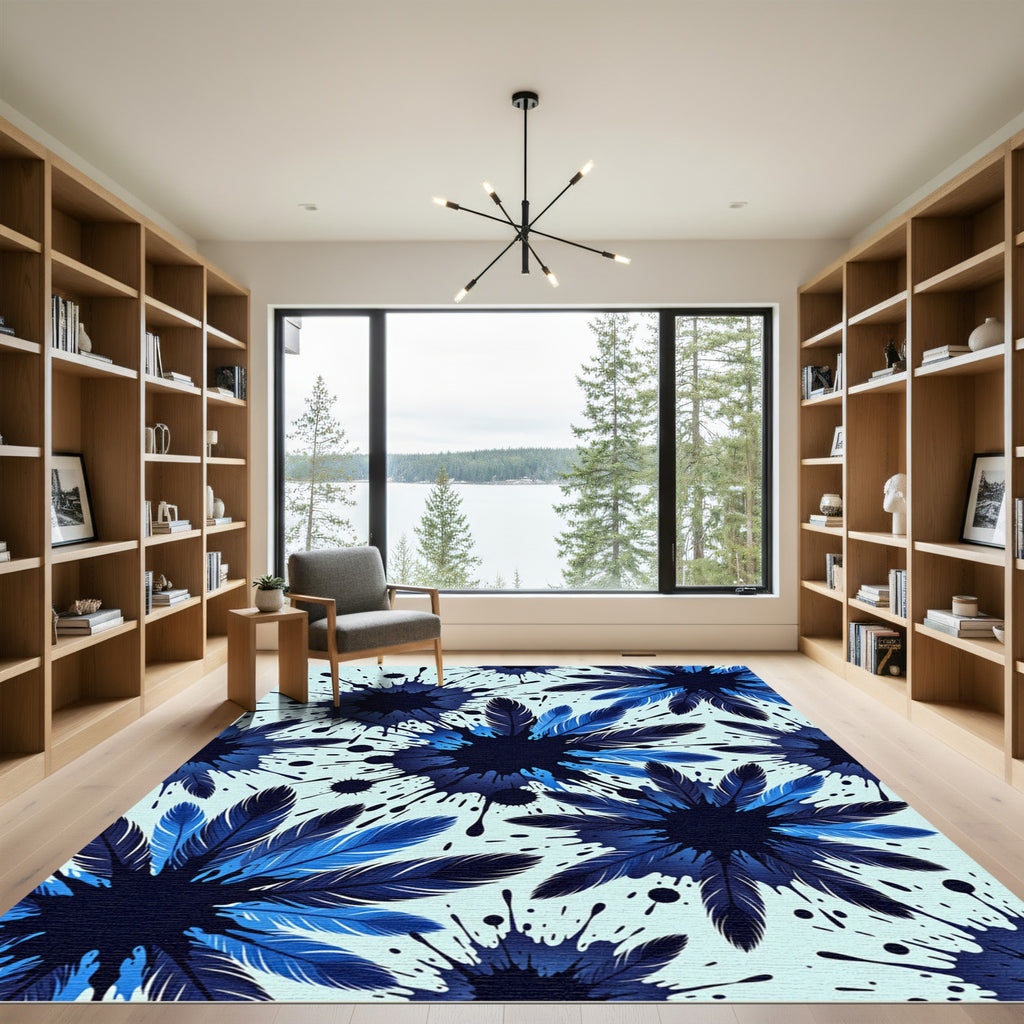 Dark Blue Feather Splash Graphic Rug