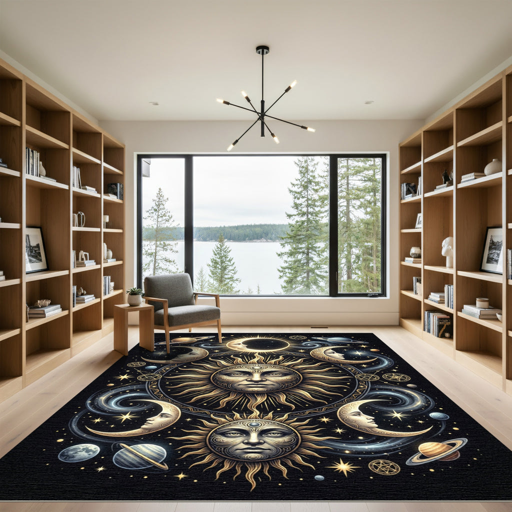 Celestial Sun Moon Spiral Galaxy Rug