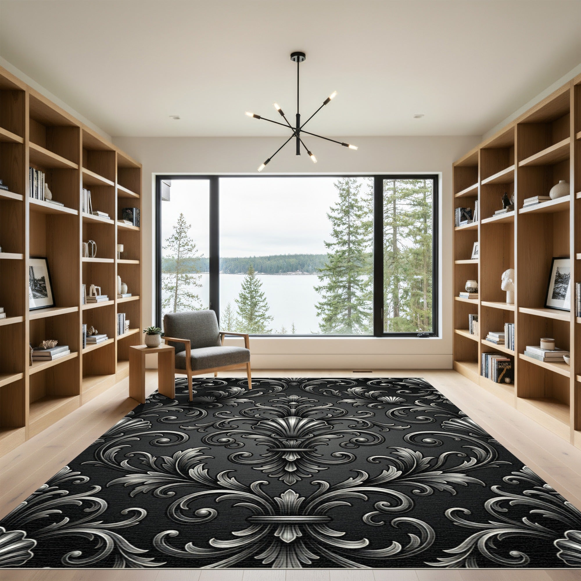 Ornate Silver Escallop Scrollwork Rug