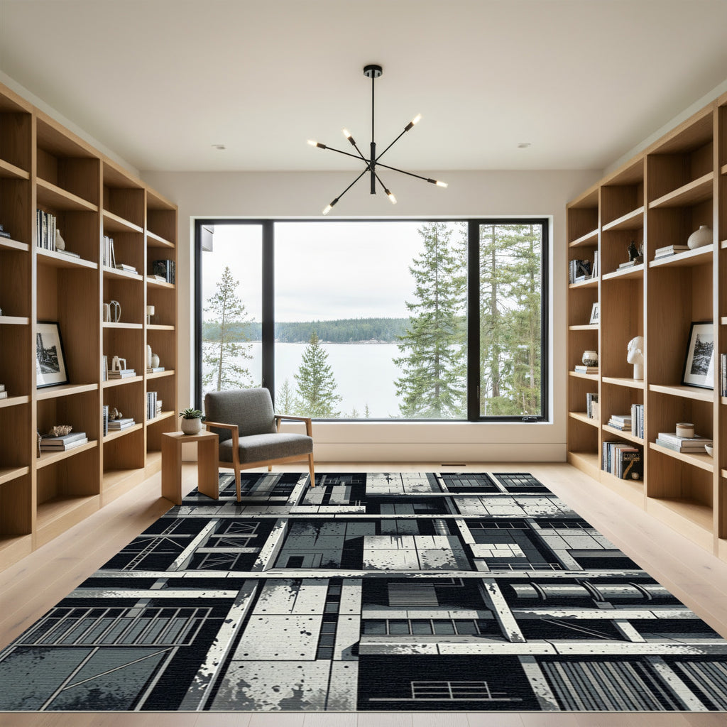 Industrial Concrete Grayscale Geometric Structure Rug