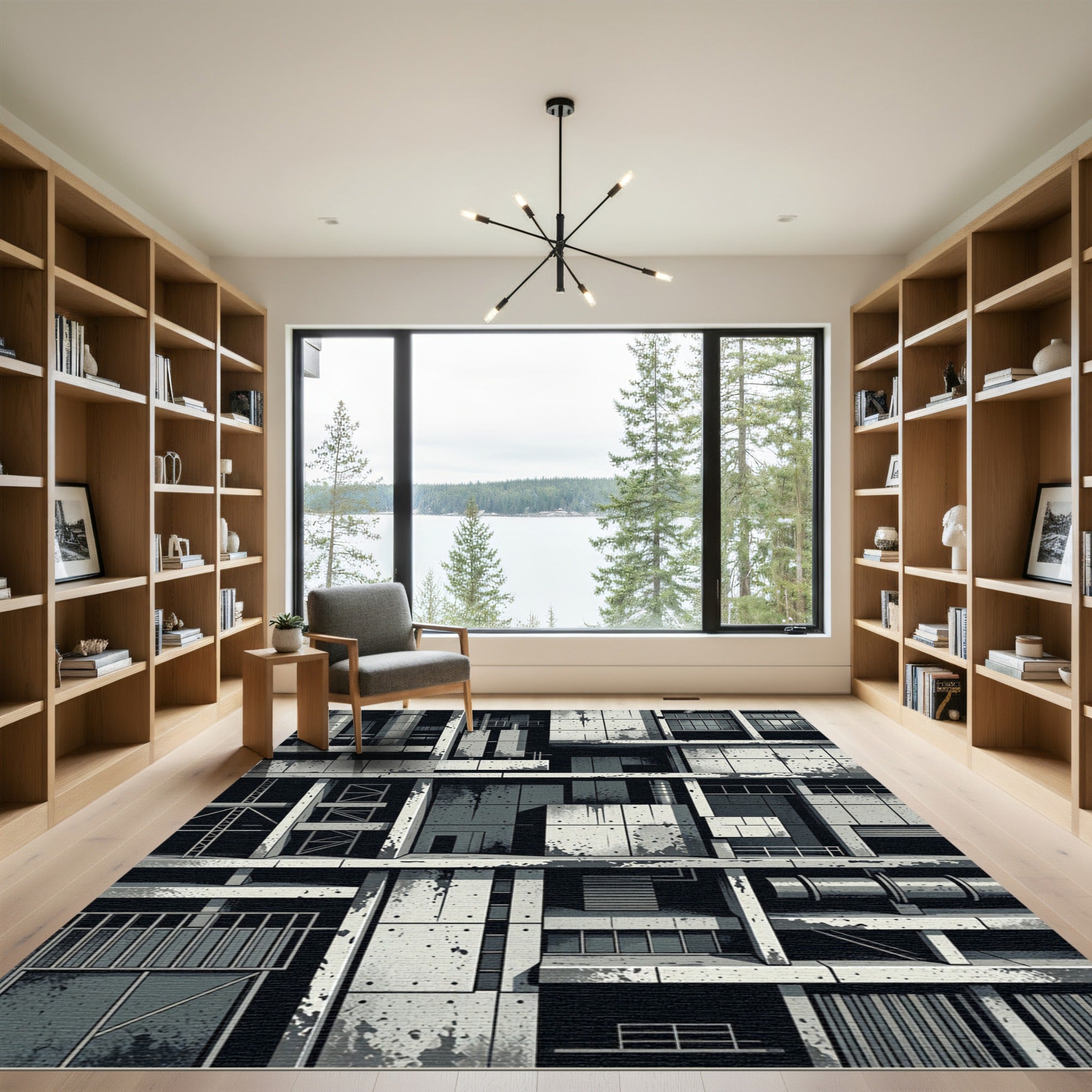 Industrial Concrete Grayscale Geometric Structure Rug