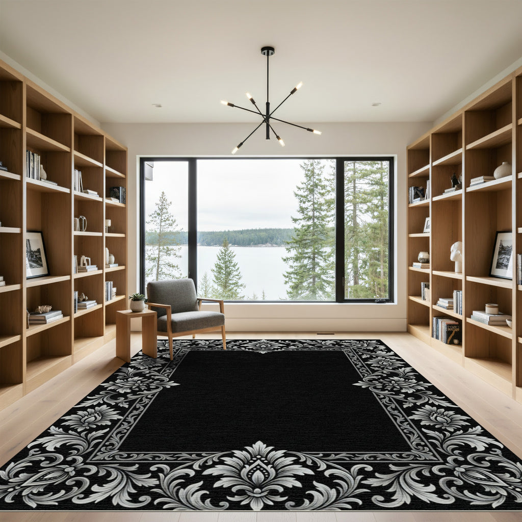 Ornate Silver Floral Border Rug
