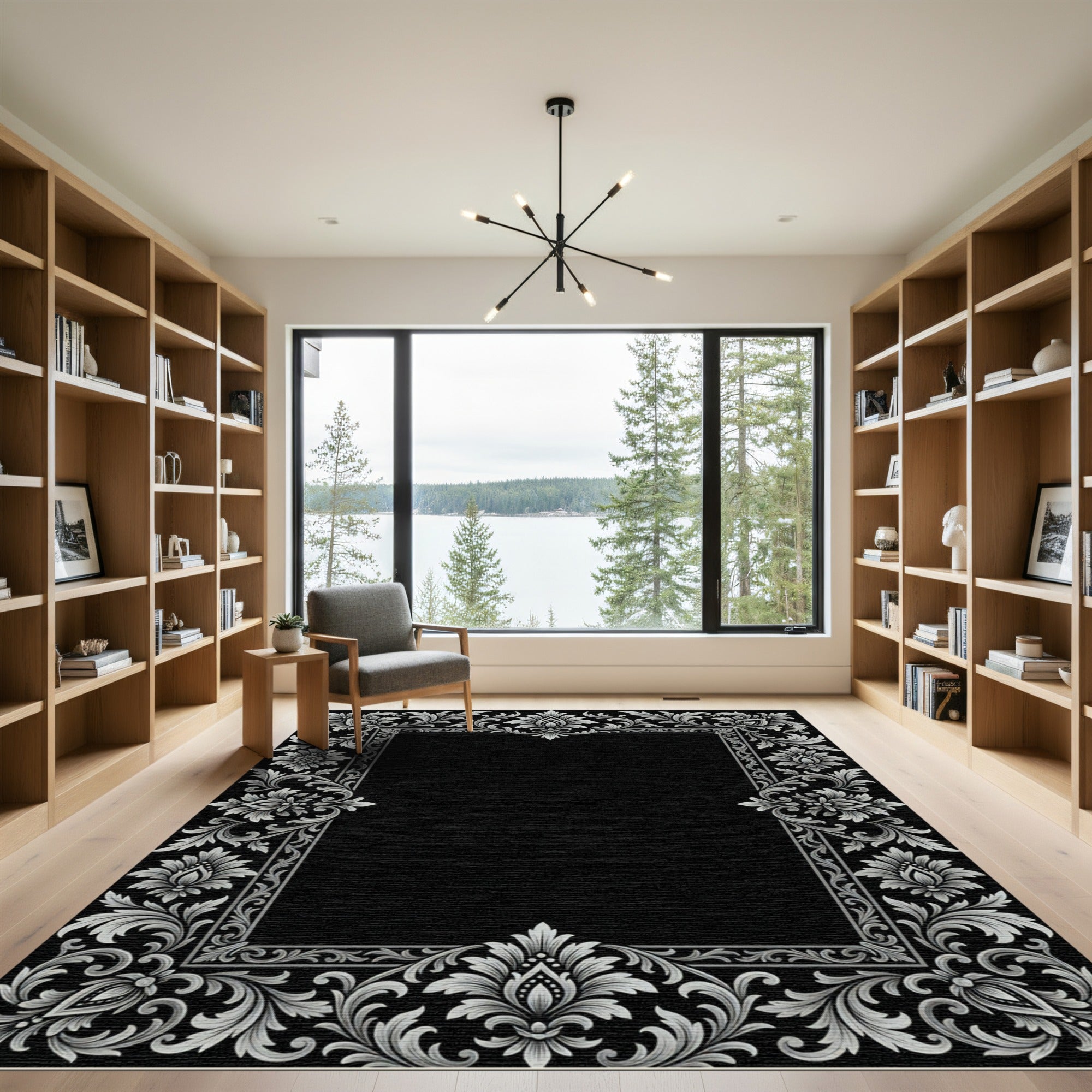 Ornate Silver Floral Border Rug