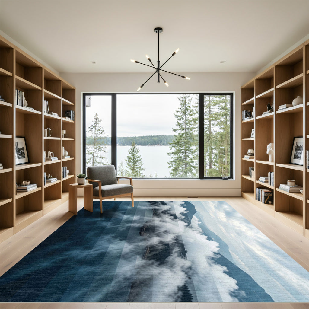 Ethereal Mountain Mist Blue Landscape Rug