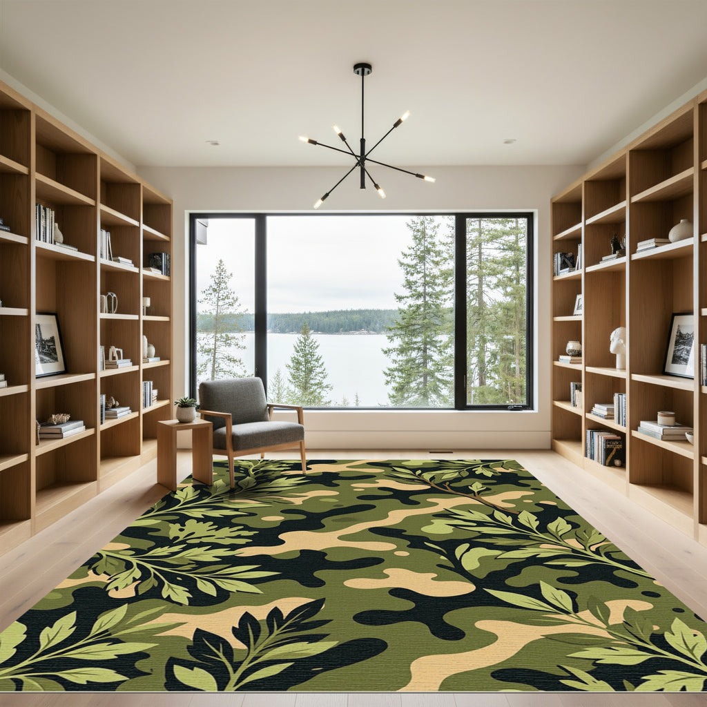 Earthy Camouflage Green Botanical Foliage Rug