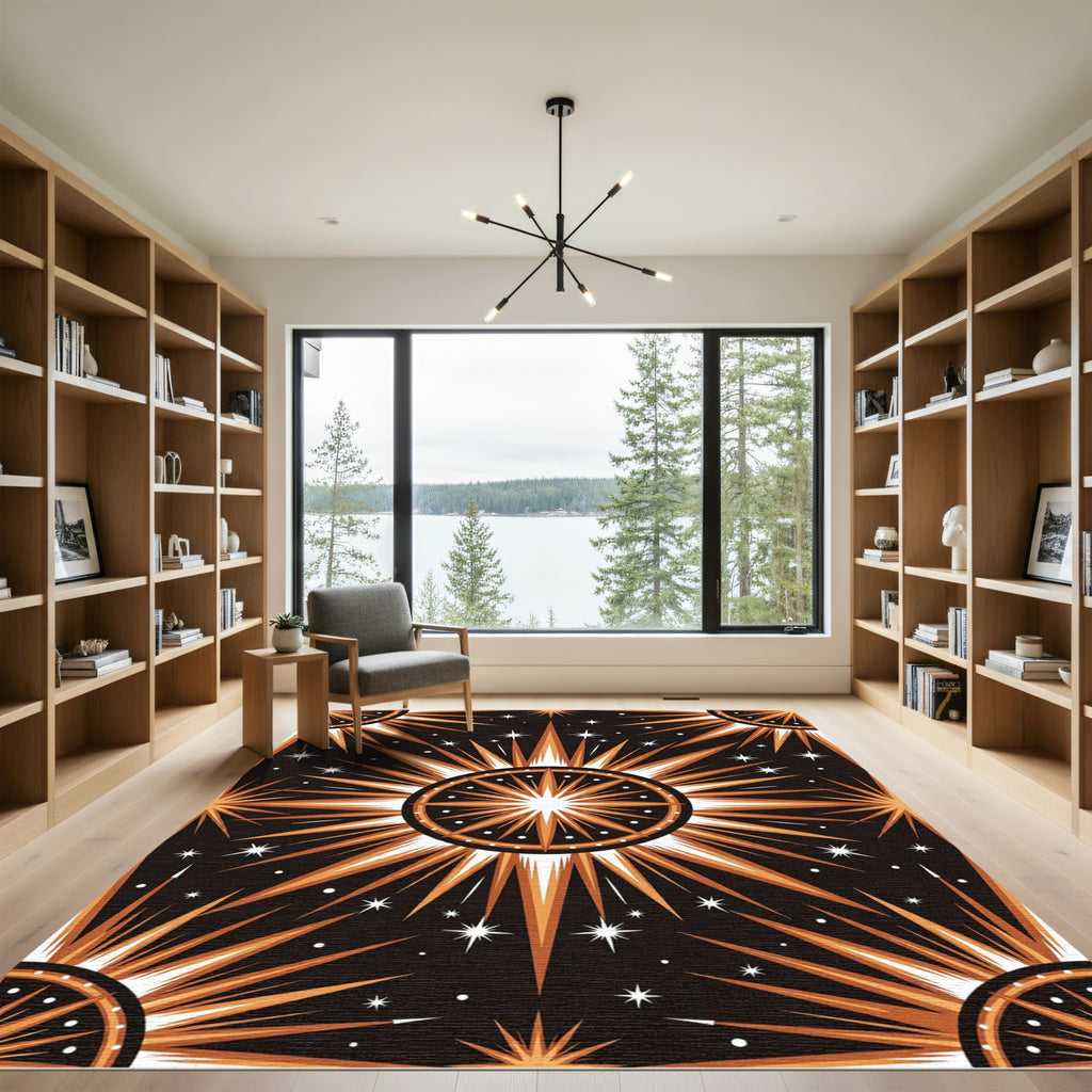 Celestial Gold Sunburst Geometric Art Rug