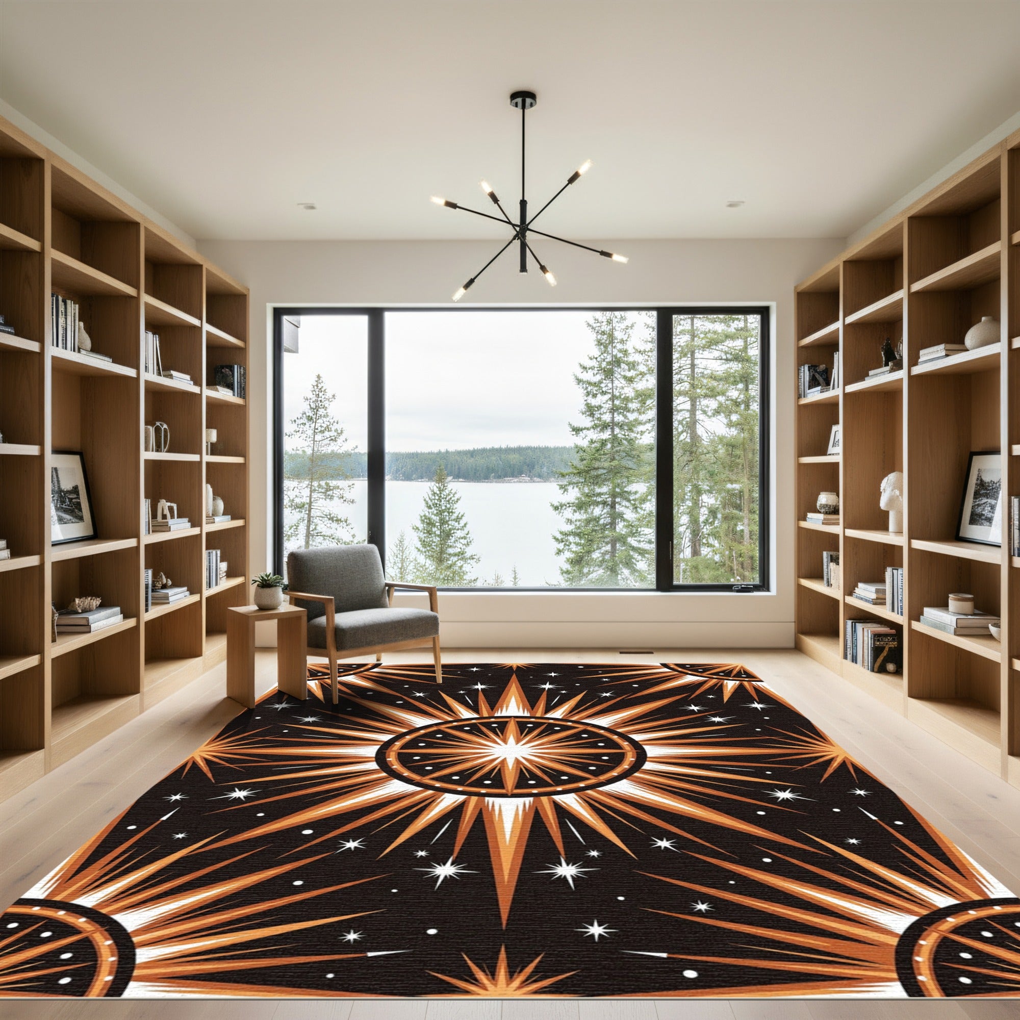 Celestial Gold Sunburst Geometric Art Rug