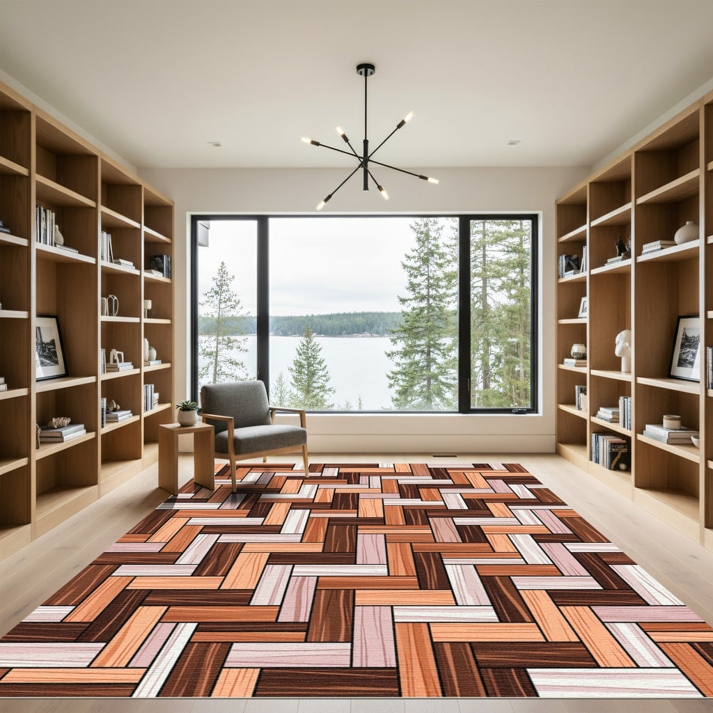 Warm Earth Tones Herringbone Parquet Rug