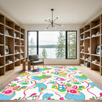 Whimsical Pink Yellow Blue Cartoon Animals Rug