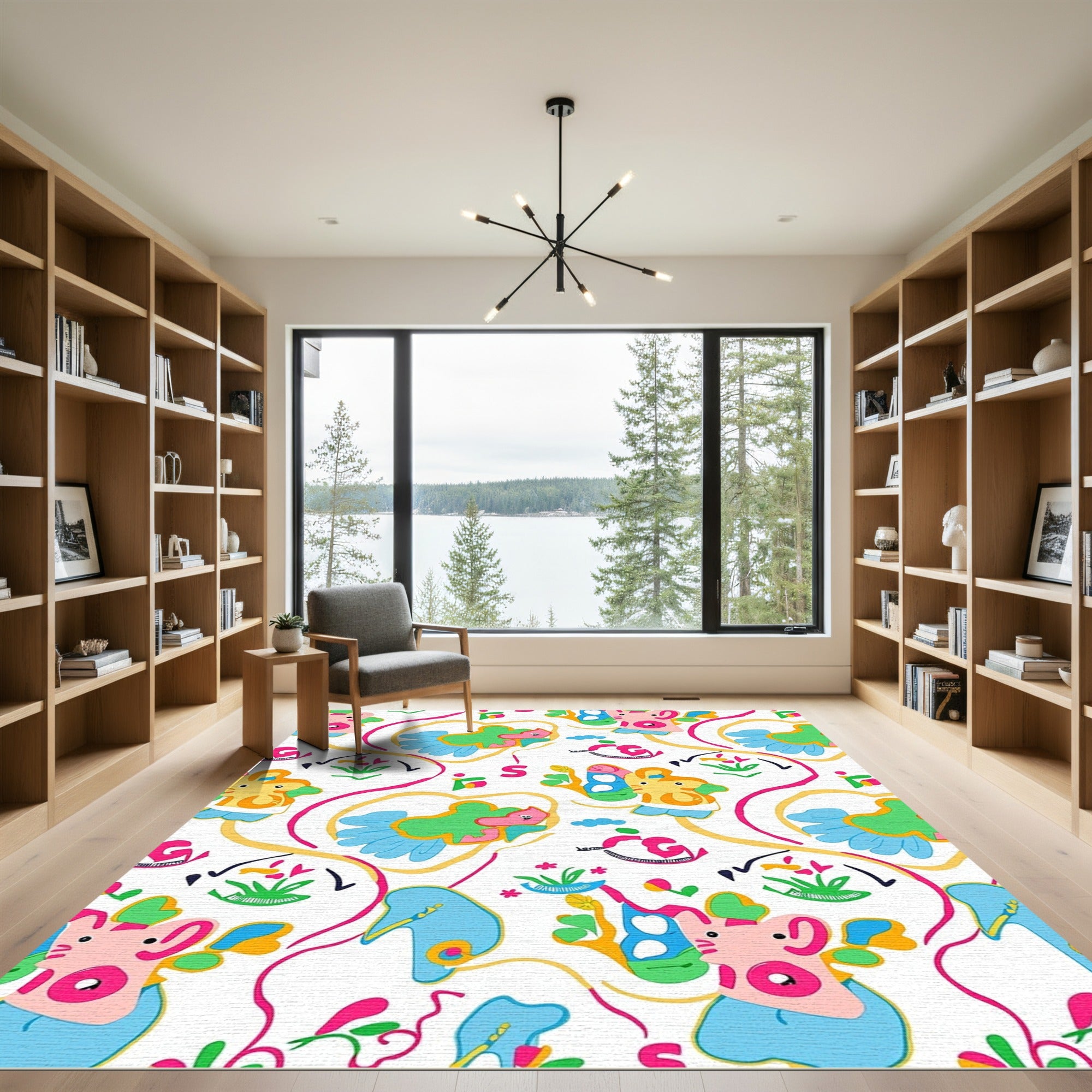 Whimsical Pink Yellow Blue Cartoon Animals Rug