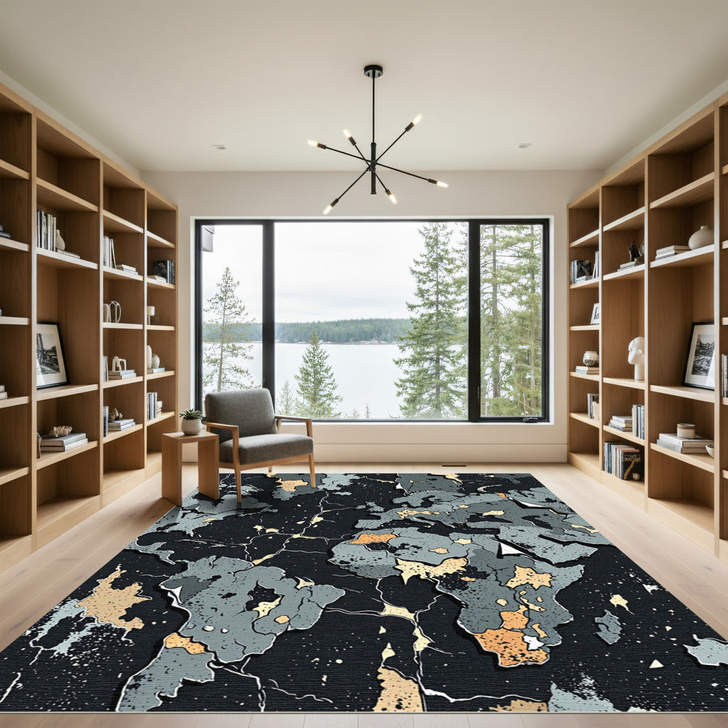 Abstract Weathered World Map Charcoal Tones Rug