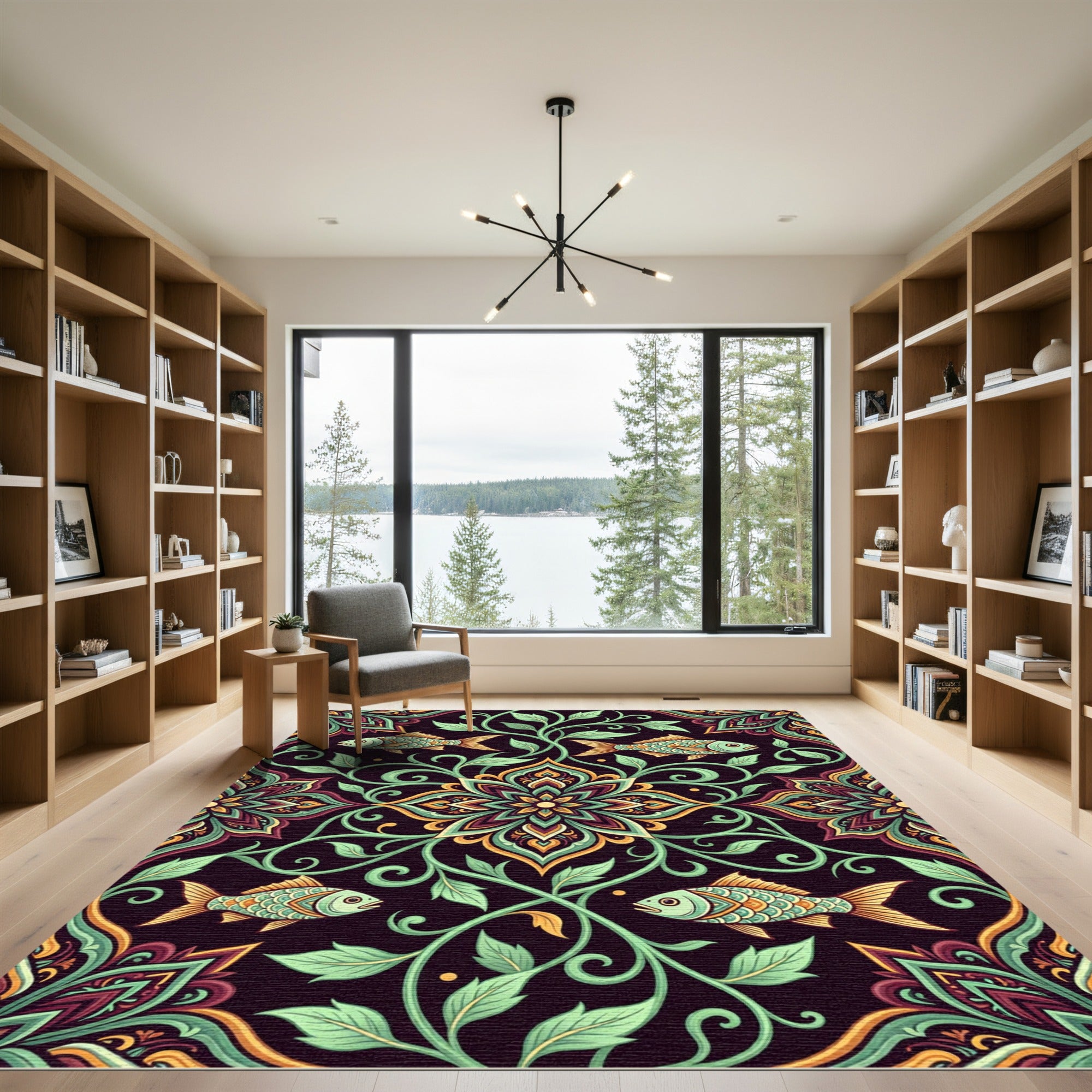 Earthy Floral Koi Ornamental Art Rug