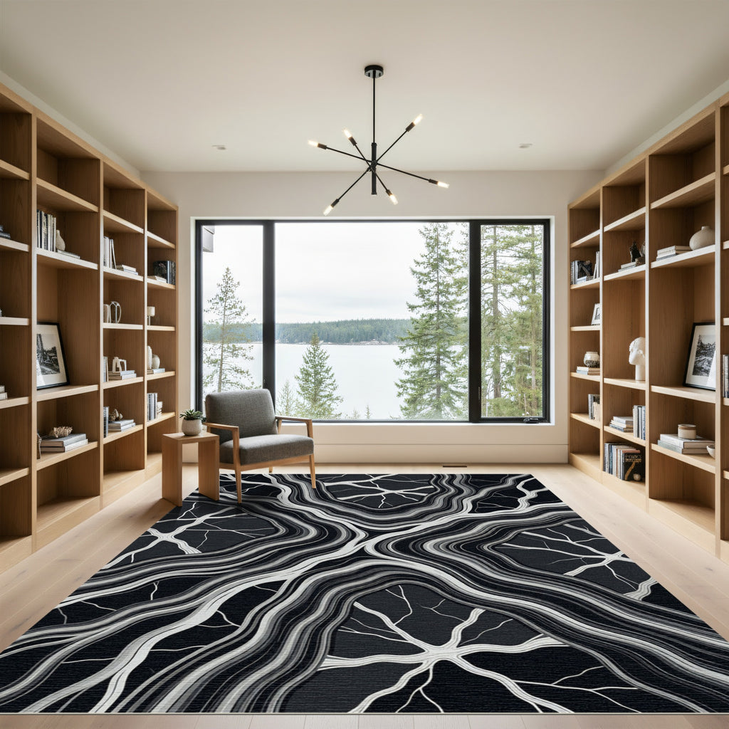 Monochromatic Black And White Organic Vein Rug
