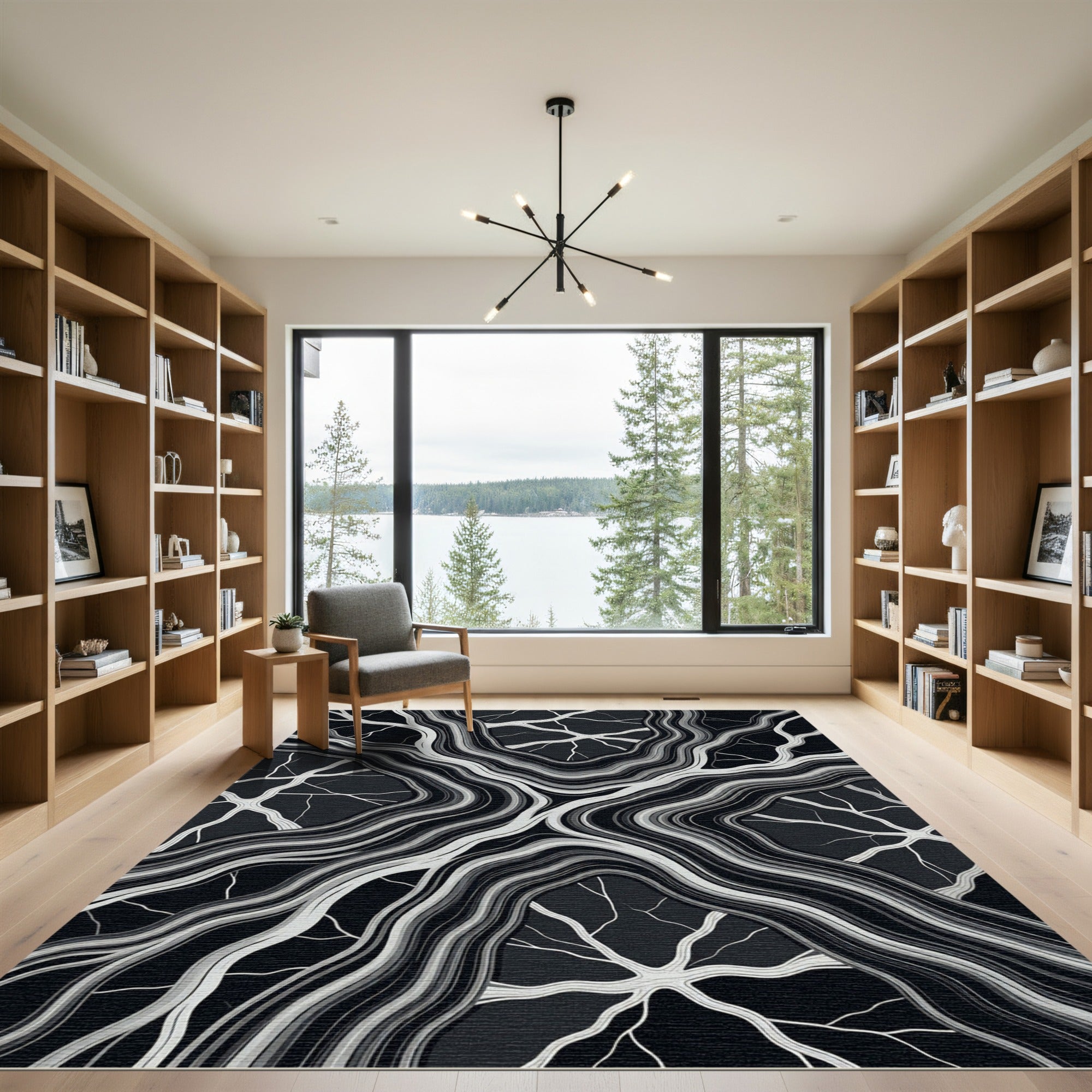 Monochromatic Black And White Organic Vein Rug