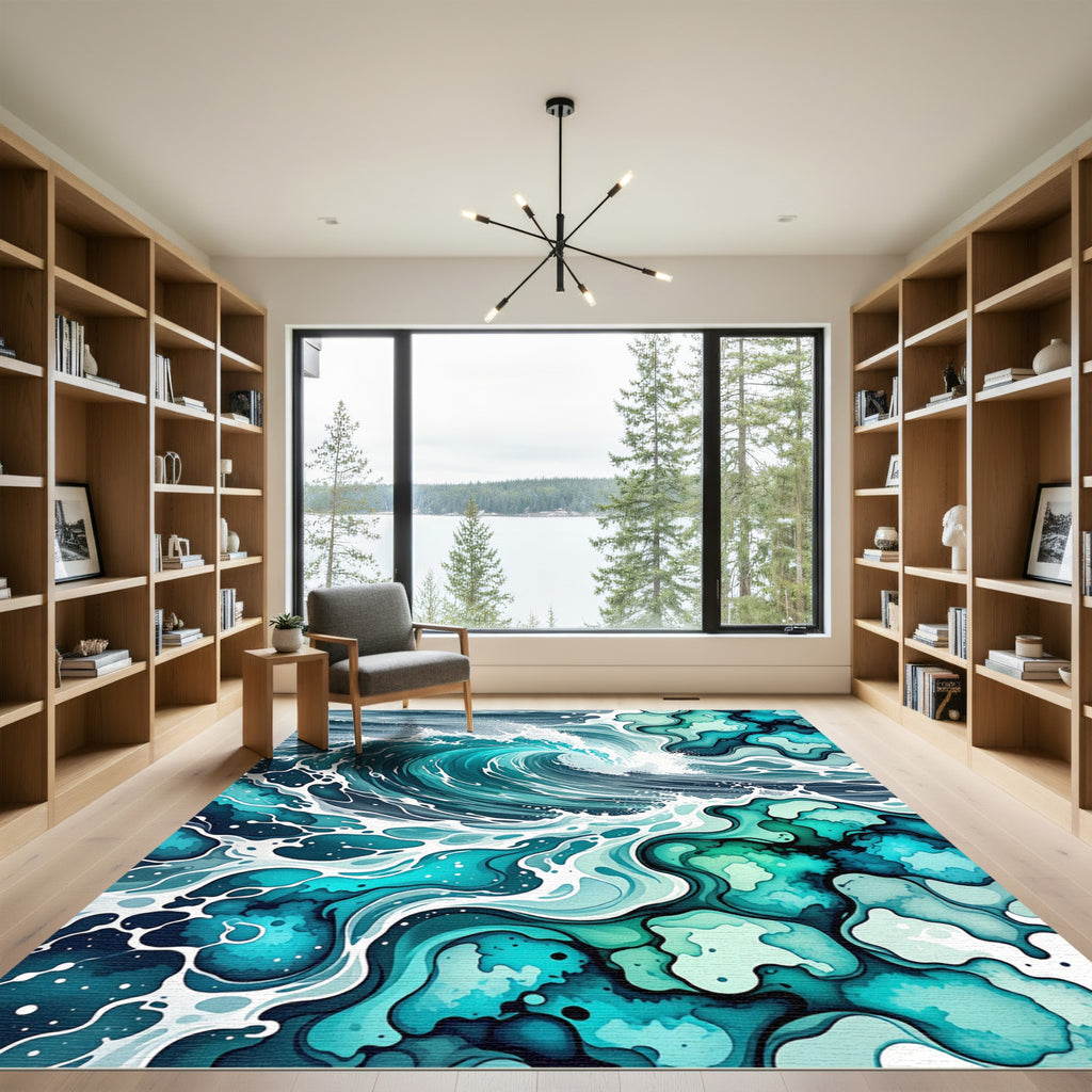 Abstract Ocean Wave Teal Blue Rug
