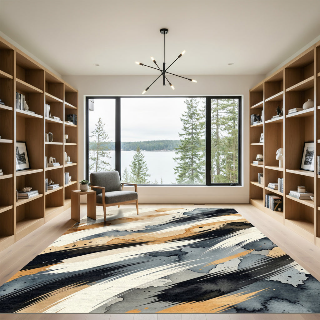 Abstract Ink Stroke Black Beige Watercolor Rug