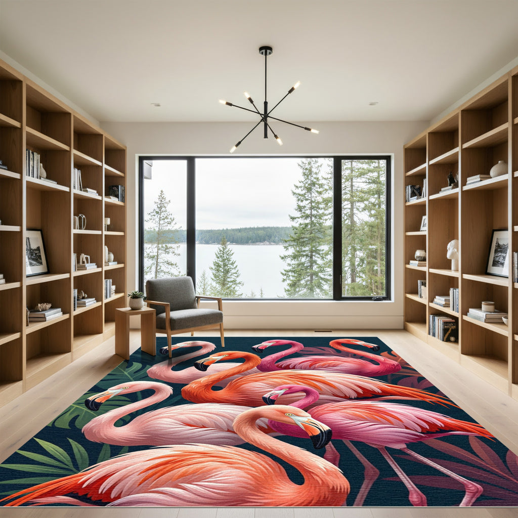 Pink Flamingo Tropical Foliage Flock Rug
