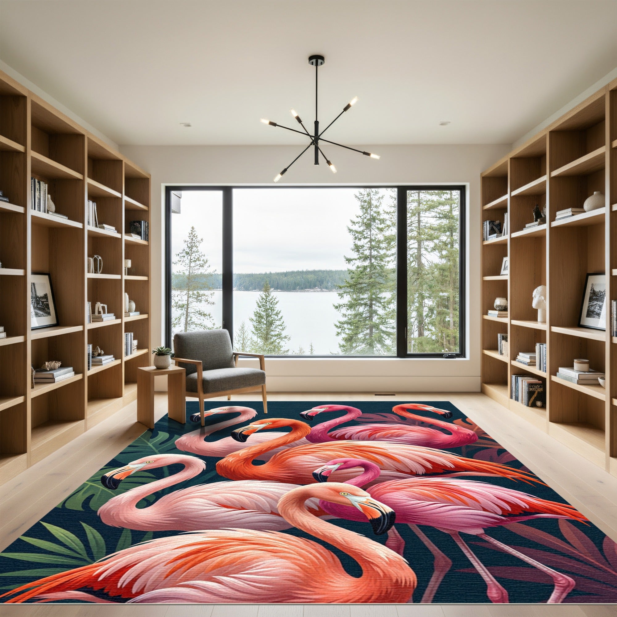 Pink Flamingo Tropical Foliage Flock Rug