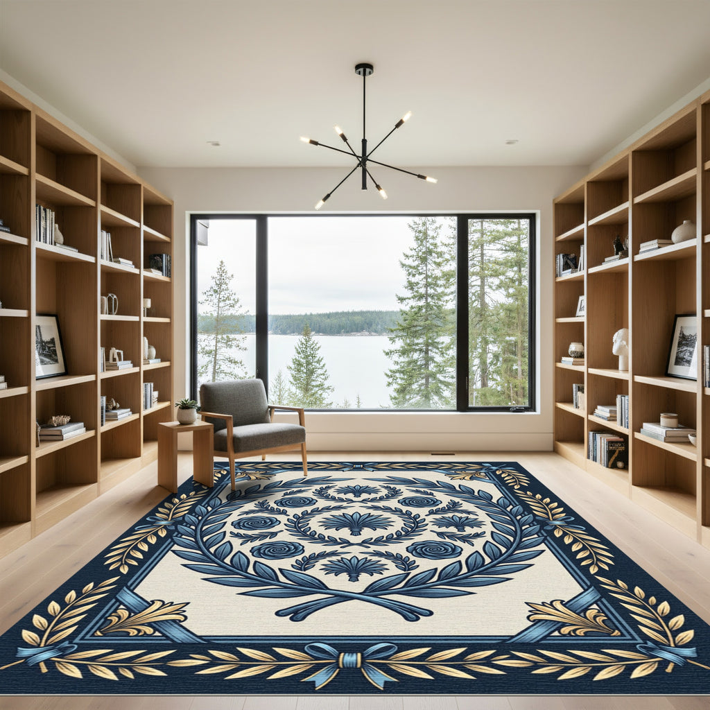 Grand Blue Gold Laurel Rose Wreath Rug