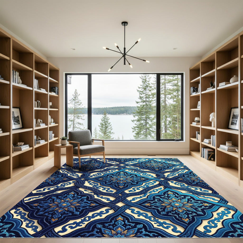 Ornate Blue Golden Floral Lattice Rug