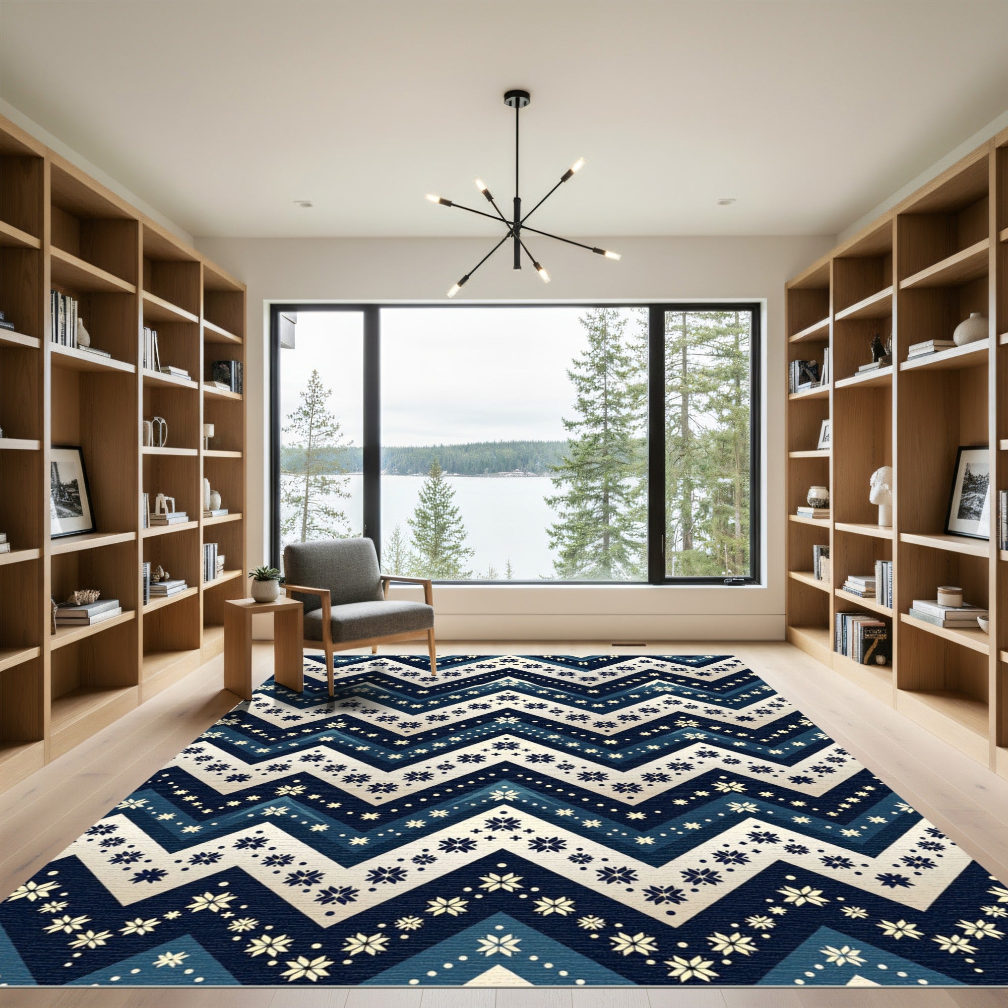 Nordic Indigo Chevron Snowflake Geometric Rug