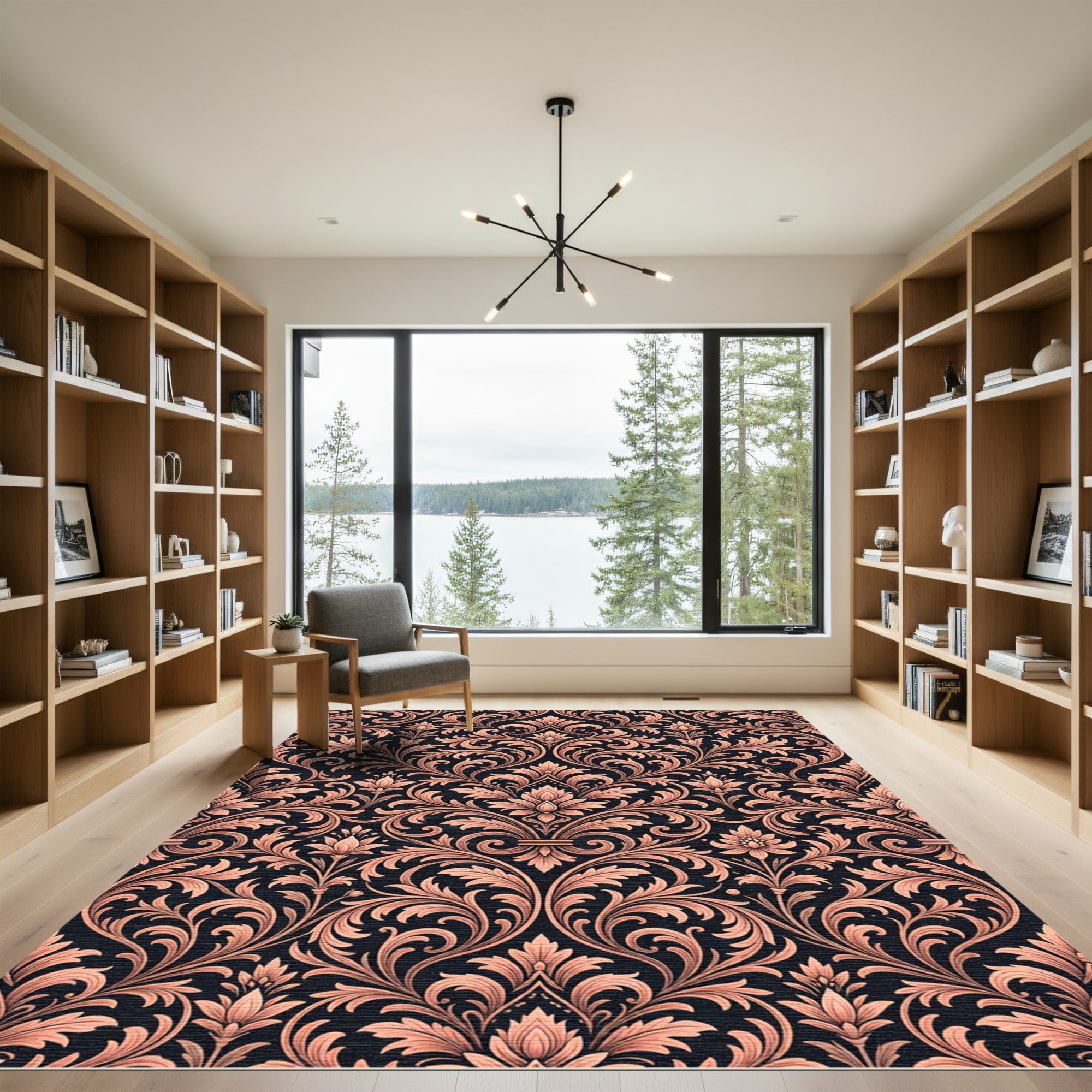 Elegant Damask Floral Rose Gold Tapestry Rug
