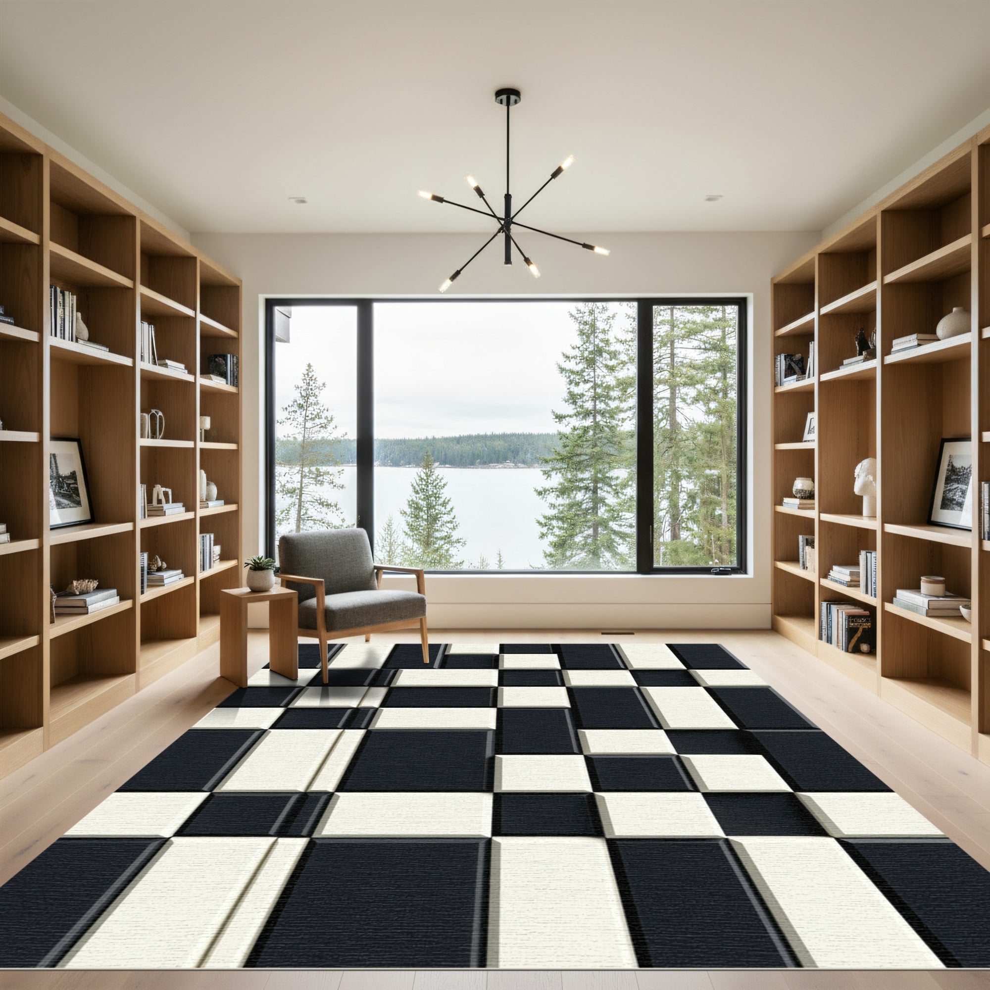 Black White Offset Geometric Blocks Rug