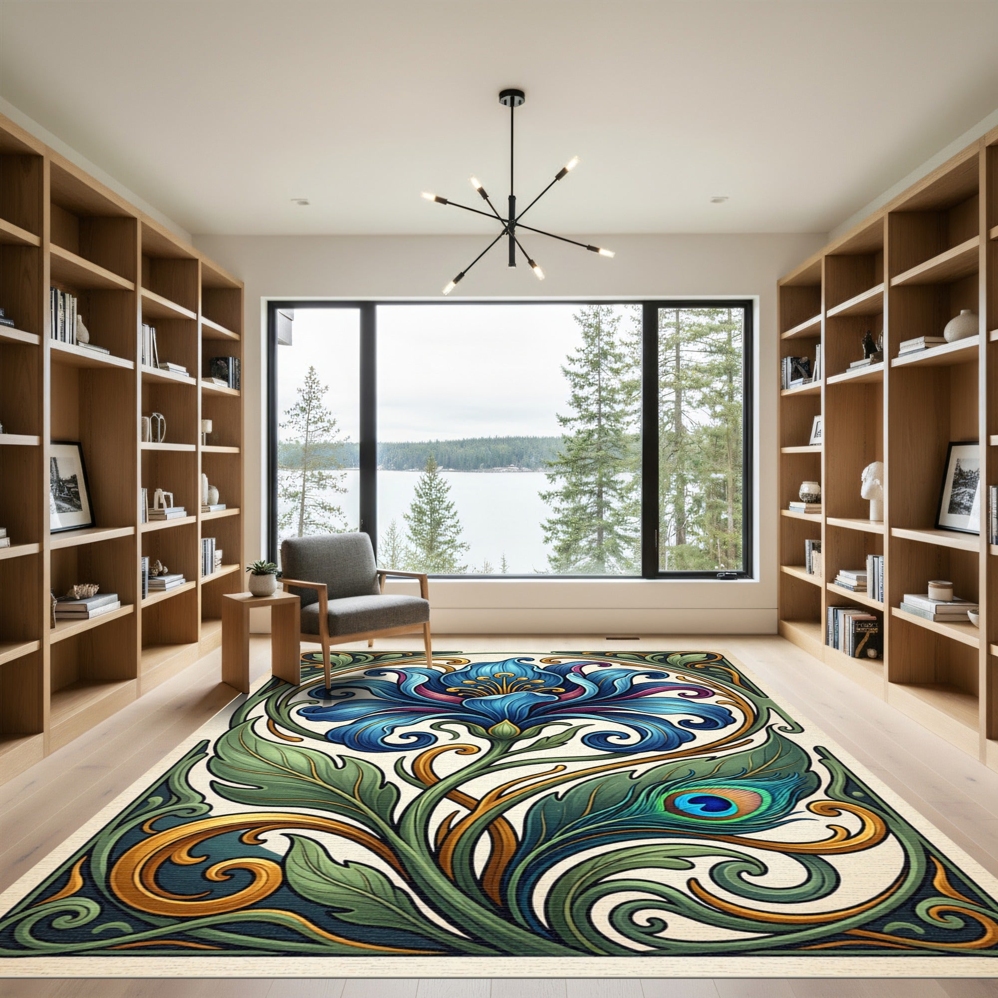 Art Nouveau Blue Lily Peacock Jewel Rug