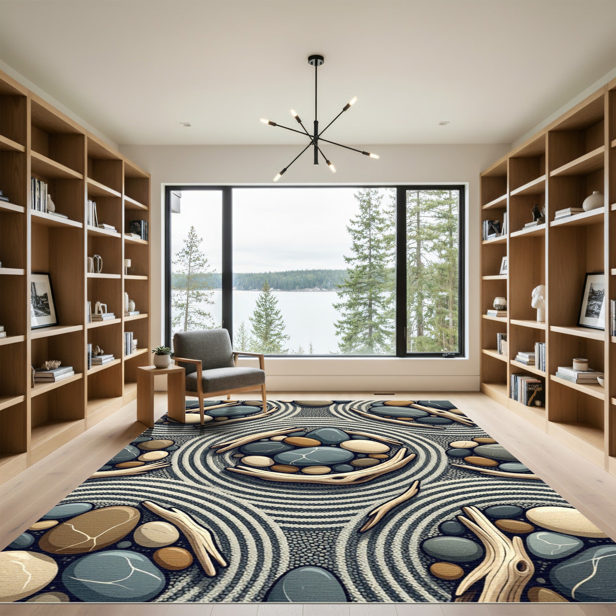 Natural Driftwood Stone Pebble Circles Rug