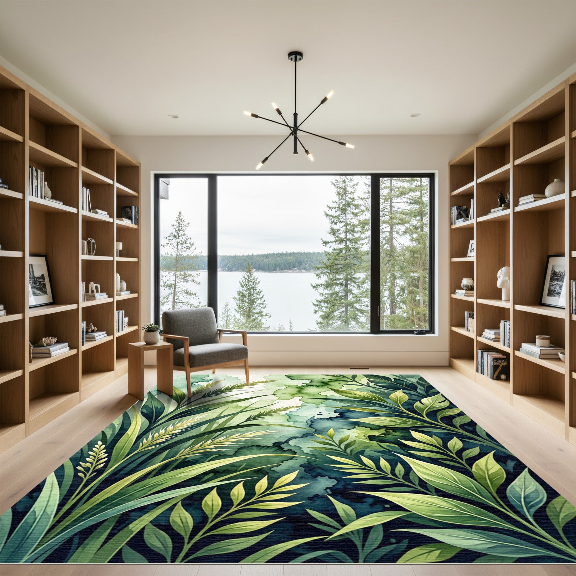 Verdant Lush Green Botanical Watercolor Rug