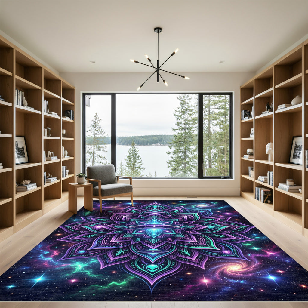 Neon Cosmic Alien UFO Mandala Rug