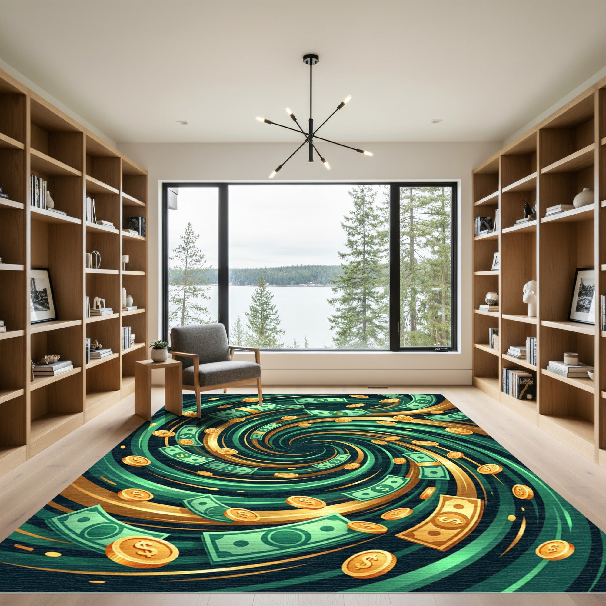 Golden Vortex Currency Swirl Abstract Rug